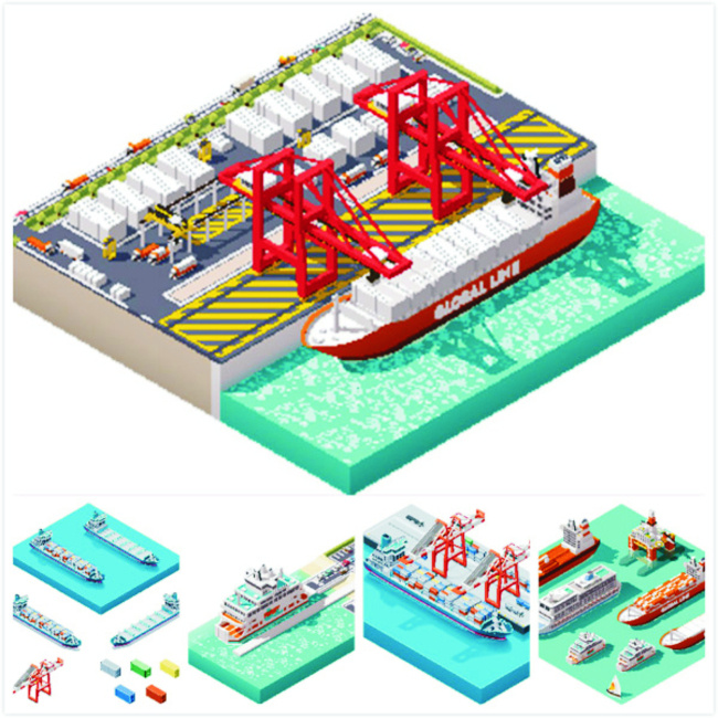 3d 立体 货船 码头 等距 集装箱 货运 船只模型 3d效果 船体设计 矢量素材 矢量图库 交通工具 现代科技 矢量图