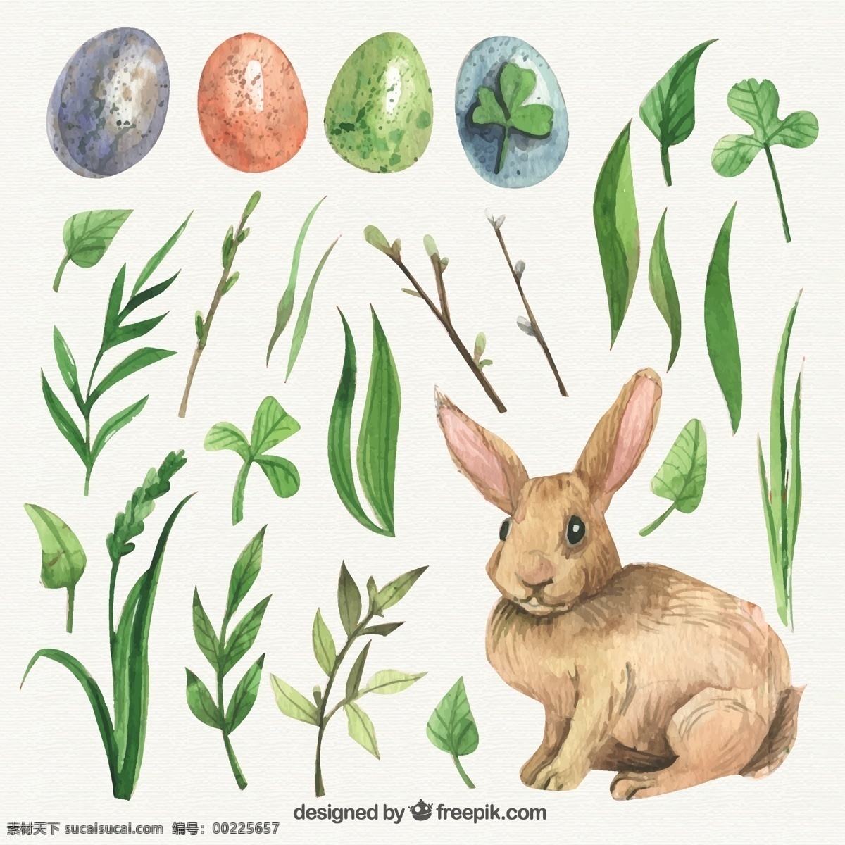 复活节 手绘 叶子 可爱 兔子 水彩 手 自然 动物 春天 树叶 庆祝 假日 宗教 蛋 兔 传统 基督教 三叶草 日