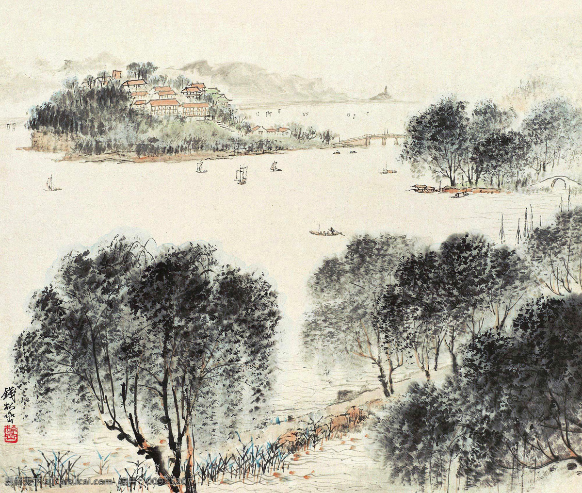 垂柳 春天 国画 绘画书法 山水 山水画 水墨画 太湖 之春 设计素材 模板下载 太湖之春 钱松岩 帆影 写意 中国画 文化艺术 psd源文件