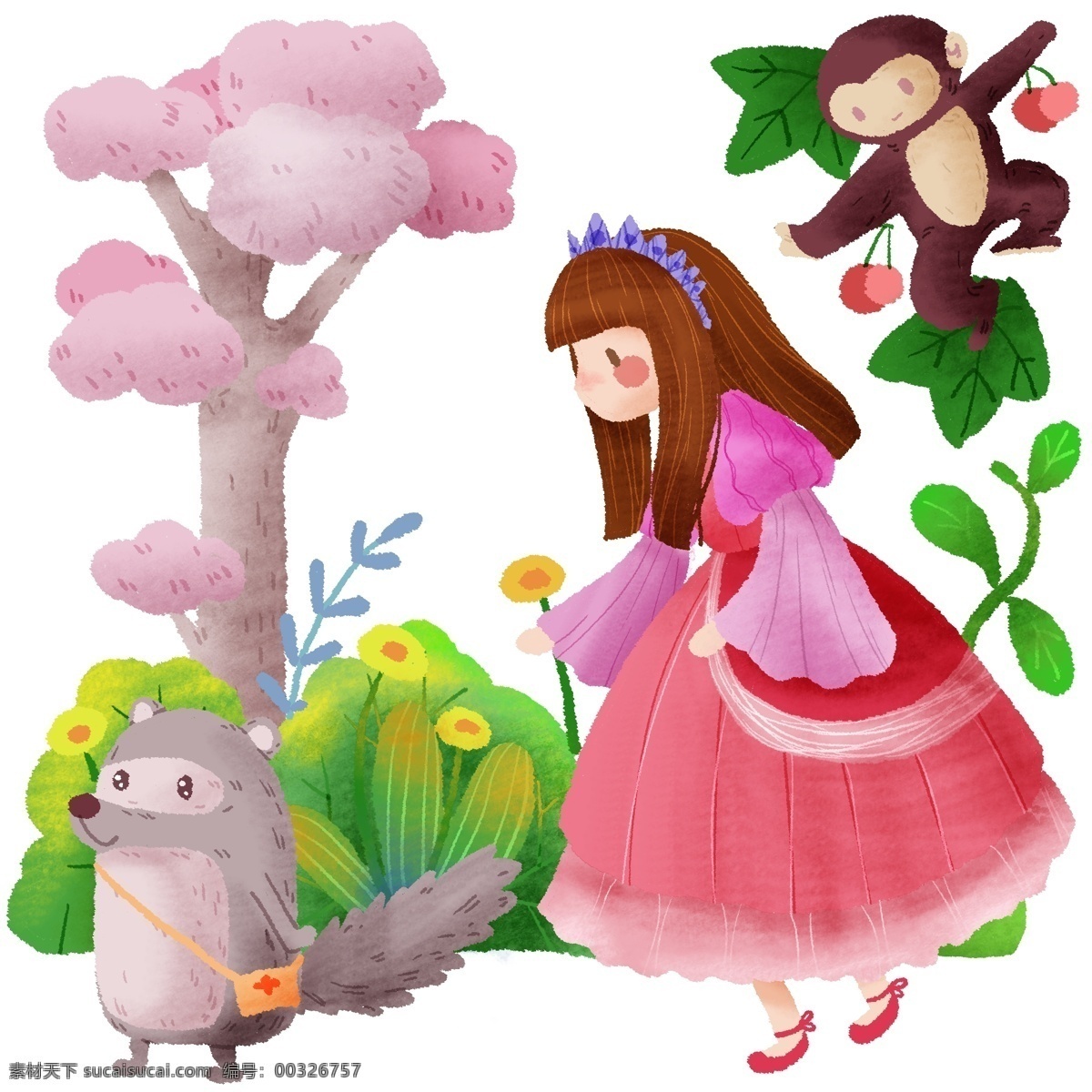 手绘 森林 小女孩 动物 玩耍 捉迷藏 猴子 绿植 树木 大树 白桦树 灌木 绿色 粉色 好奇 可爱 花朵 花卉 卡通