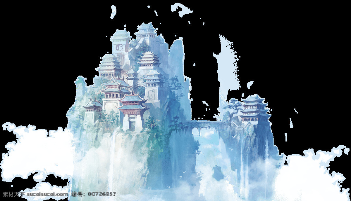 中国 风 手绘 场景 古风 建筑 楼群 元素 png元素 免抠元素 太极 透明元素 游戏场景 中国风