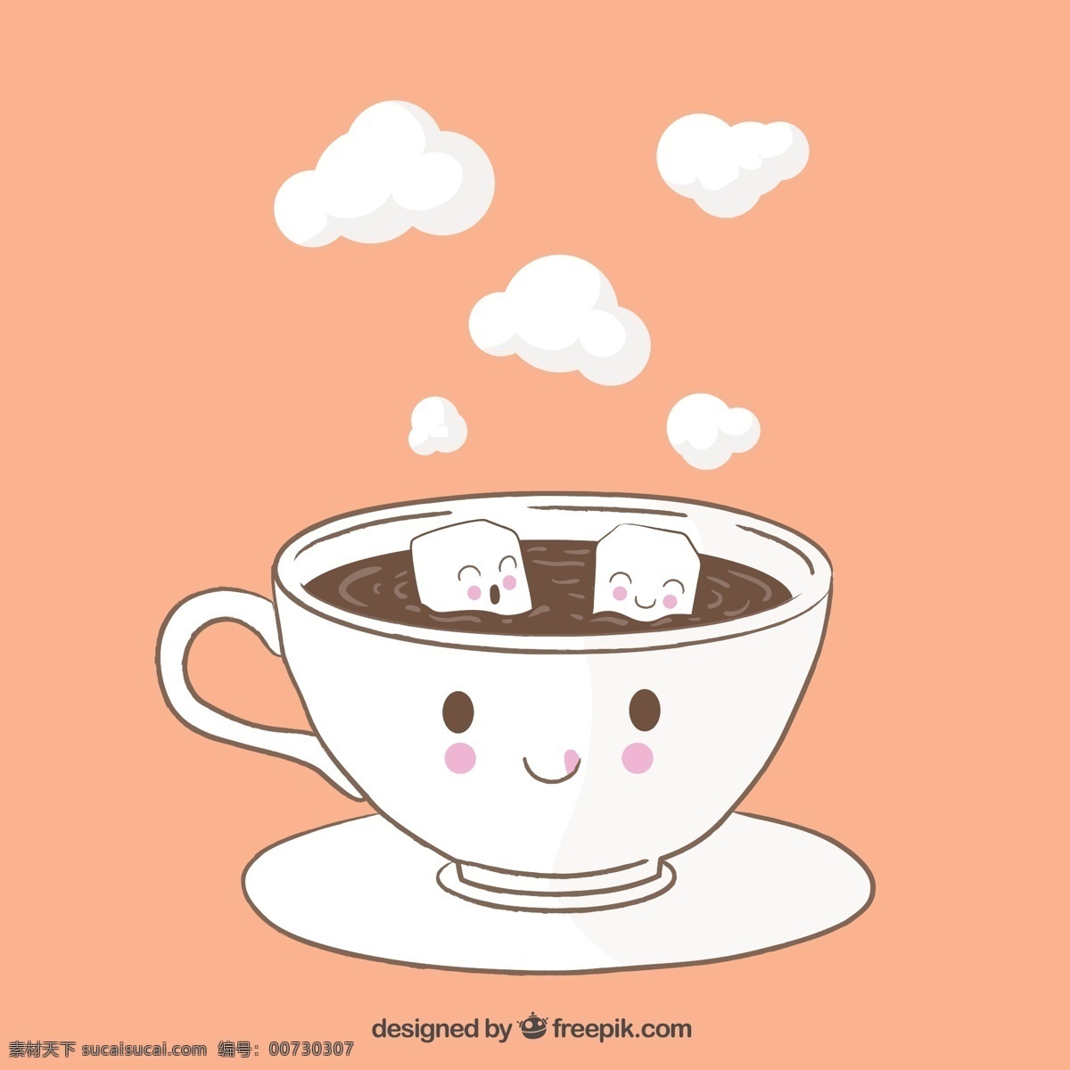 卡通 加 糖 咖啡 矢量 热气 方糖 热咖啡 咖啡杯 碟子 饮品 温暖 矢量图