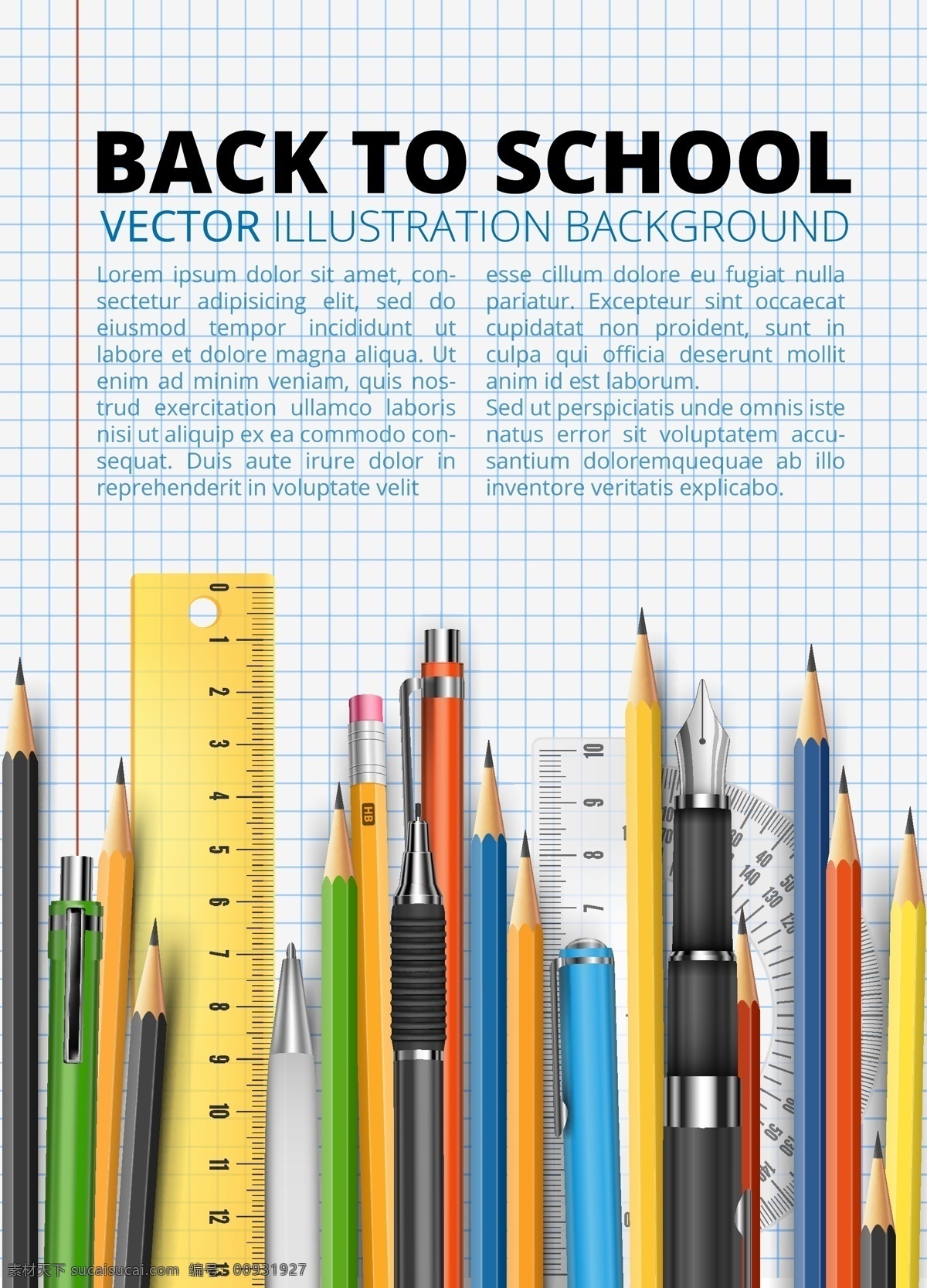 学习用品 回到学校 学习 读书 彩色铅笔 画笔 直尺 手绘 矢量素材 生活百科 矢量