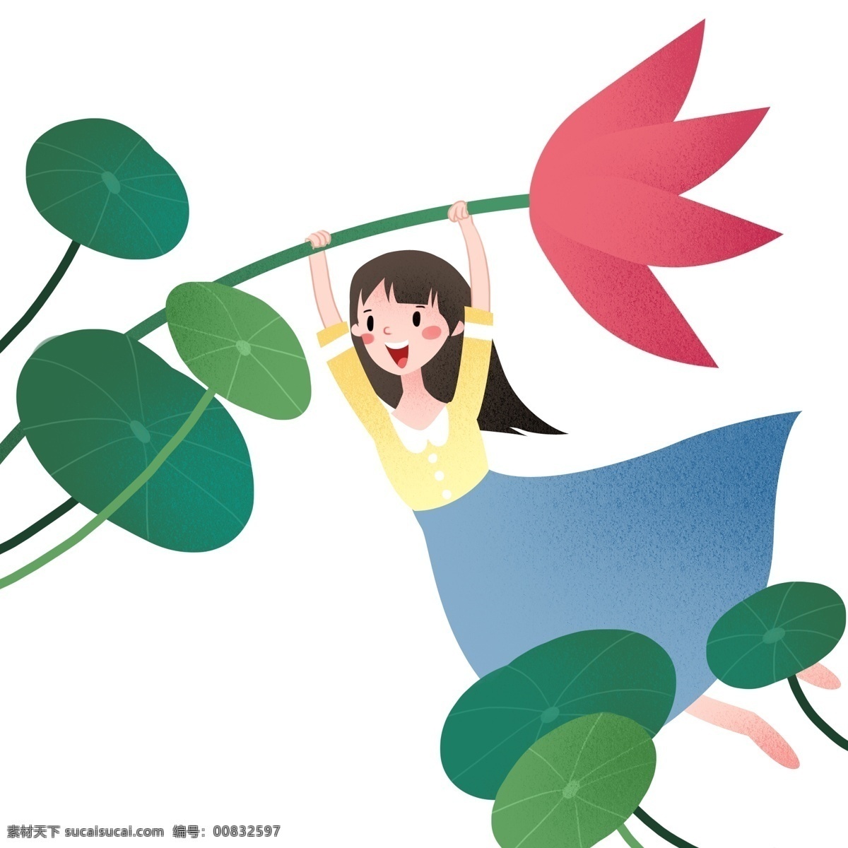 采花 小女孩 插画 立夏人物插画 采花的小女孩 粉色的荷花 绿色的荷叶 植物装饰 漂亮的小女孩