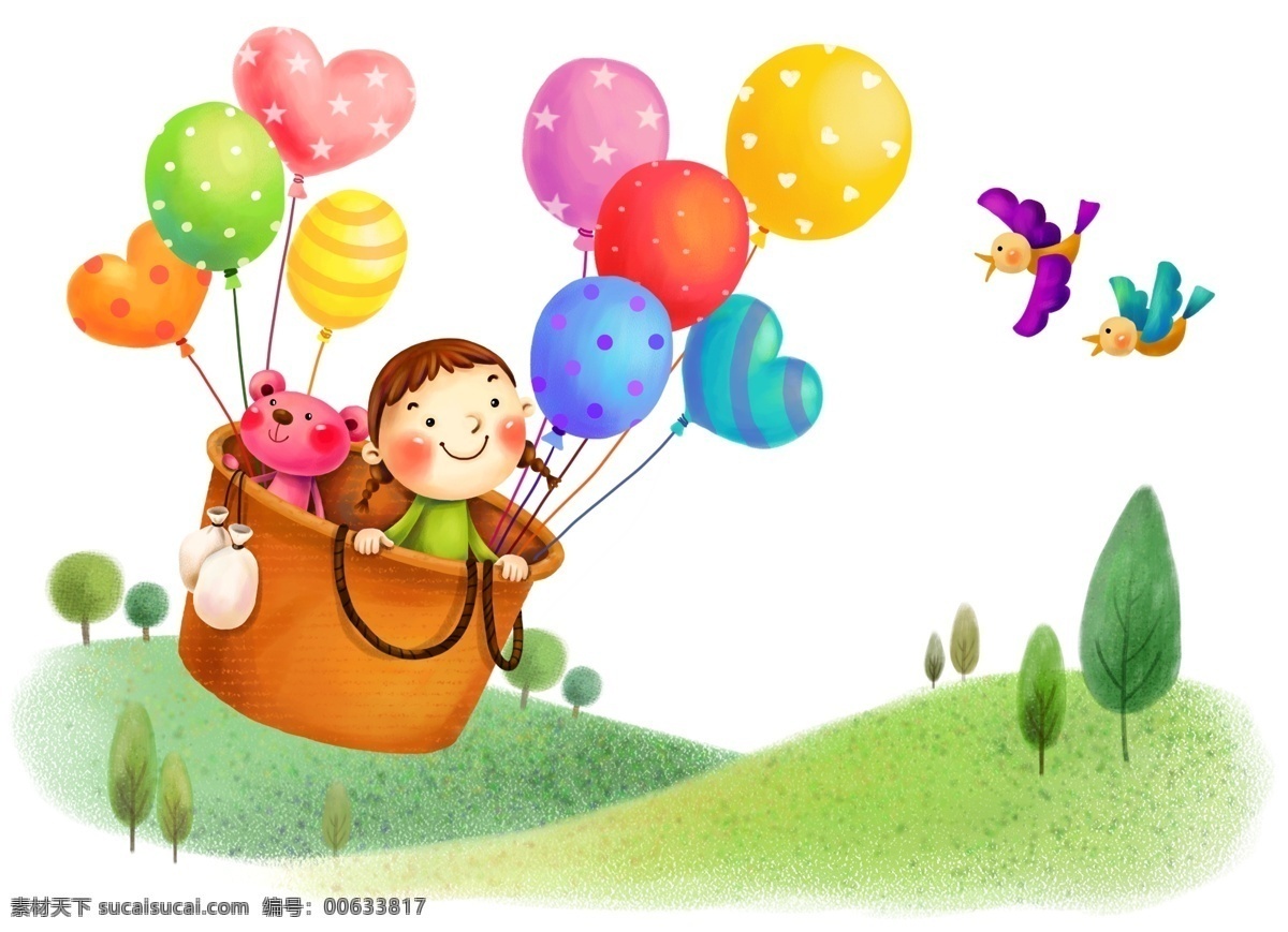 坐 气球 环游 孩子 彩色 世界 卡通 天真 天空 小鸟 快乐 飞翔 动漫动画 动漫人物