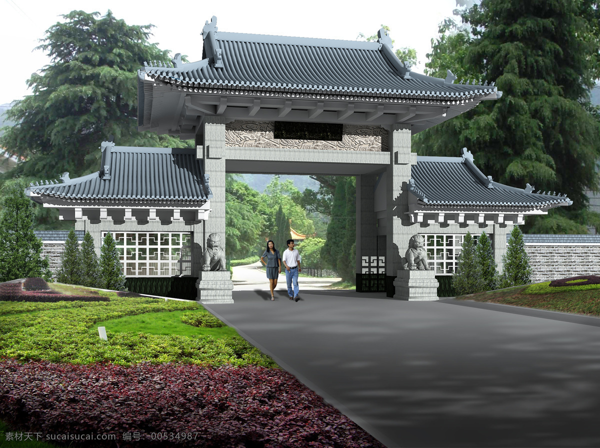 中式 大门 环境设计 建筑 建筑设计 景观 门头 模型 三维 中式大门设计 外观 渲染 家居装饰素材