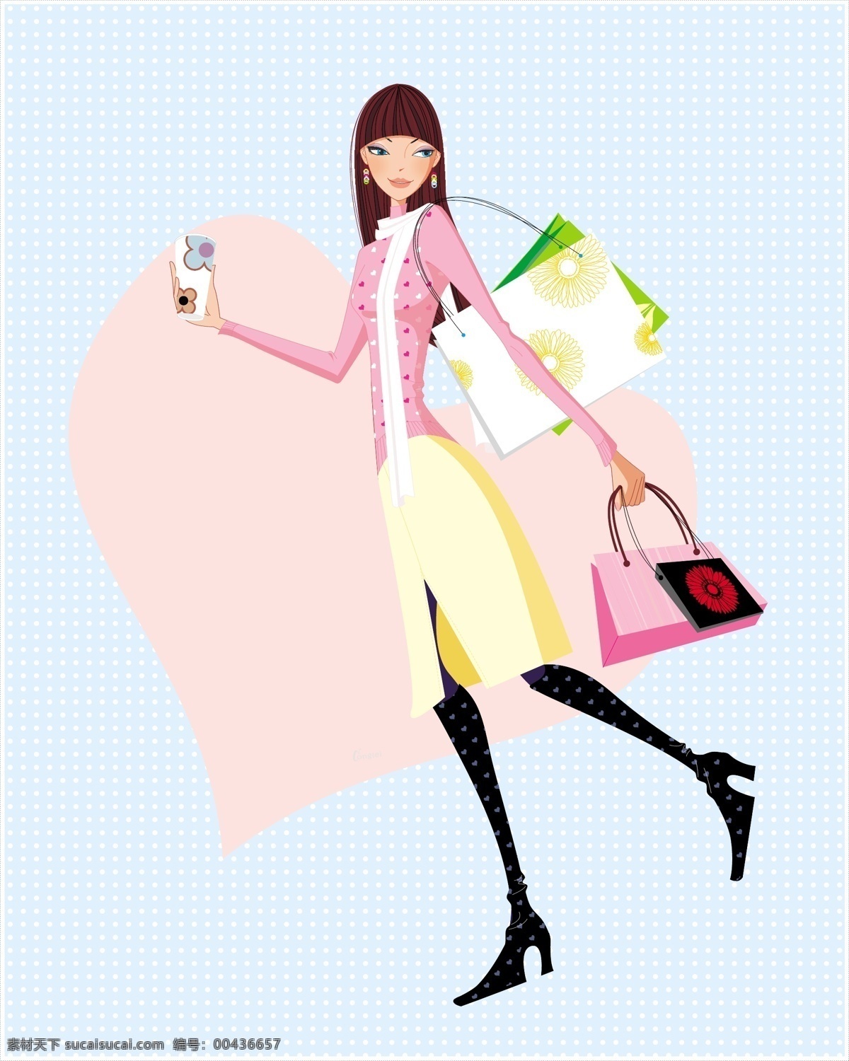 时尚购物女人 矢量人物 心 粉红 购物 时尚女人 杯子 动漫人物 插画人物 矢量插画 矢量美女 矢量女人 卡通美女 其他人物 矢量图库 时尚商业插画 矢量