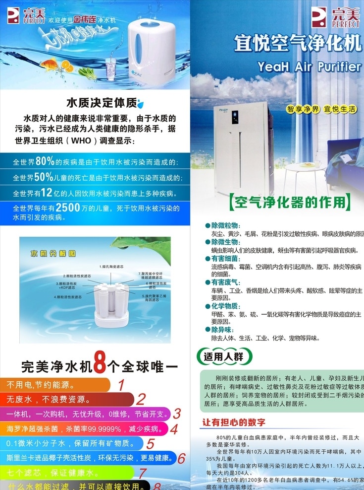 完美净水机 净水机展架 净水机 空气净化机 完美 金伟连净水器 展架 宜悦 展架模板 x展架 蓝色展架模板 暖色展架 源文件 dm宣传单