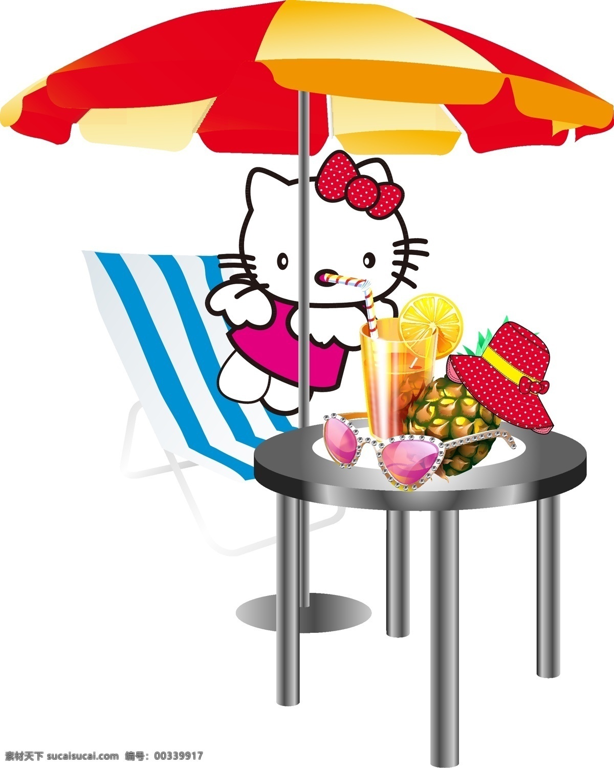 kt猫 菠萝 帽子 其他设计 躺椅 眼镜 遮阳伞 桌子 kt 猫 喝 水果 饮料 矢量 模板下载 水果饮料杯 矢量图 日常生活