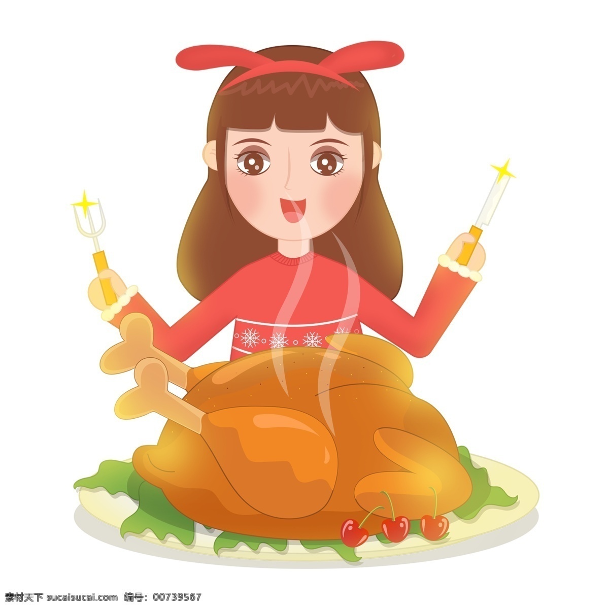 卡通 手绘 感恩节 女孩 开心 吃 火鸡 感恩 大餐 美食 鸡肉 美味 女生 刀叉 西餐 圣诞节 冬装 吃饭 晚餐