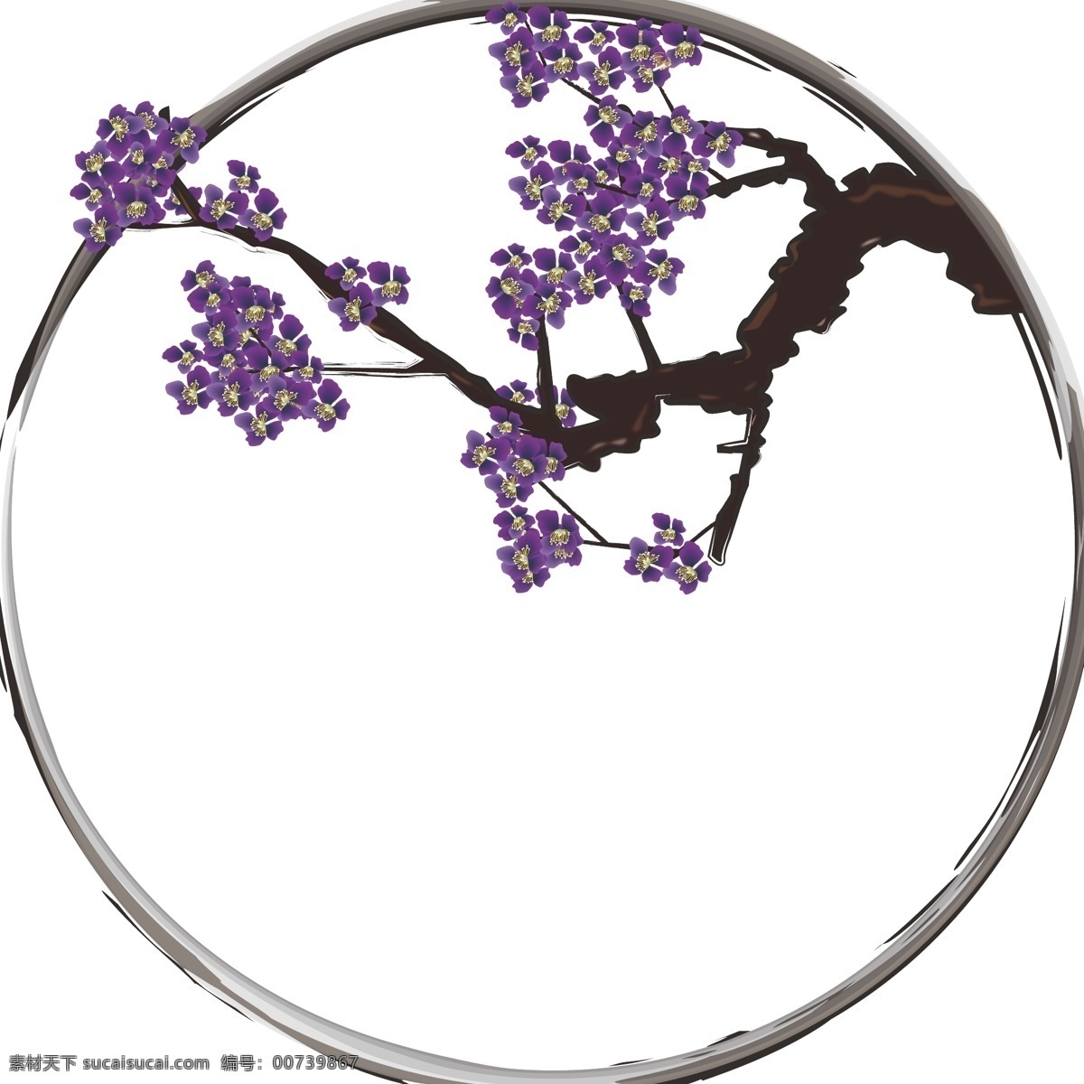 中国 风 水墨 手绘 紫花 楹 花卉 植物 装饰 边框 元素 中国风 紫花楹 圆形边框