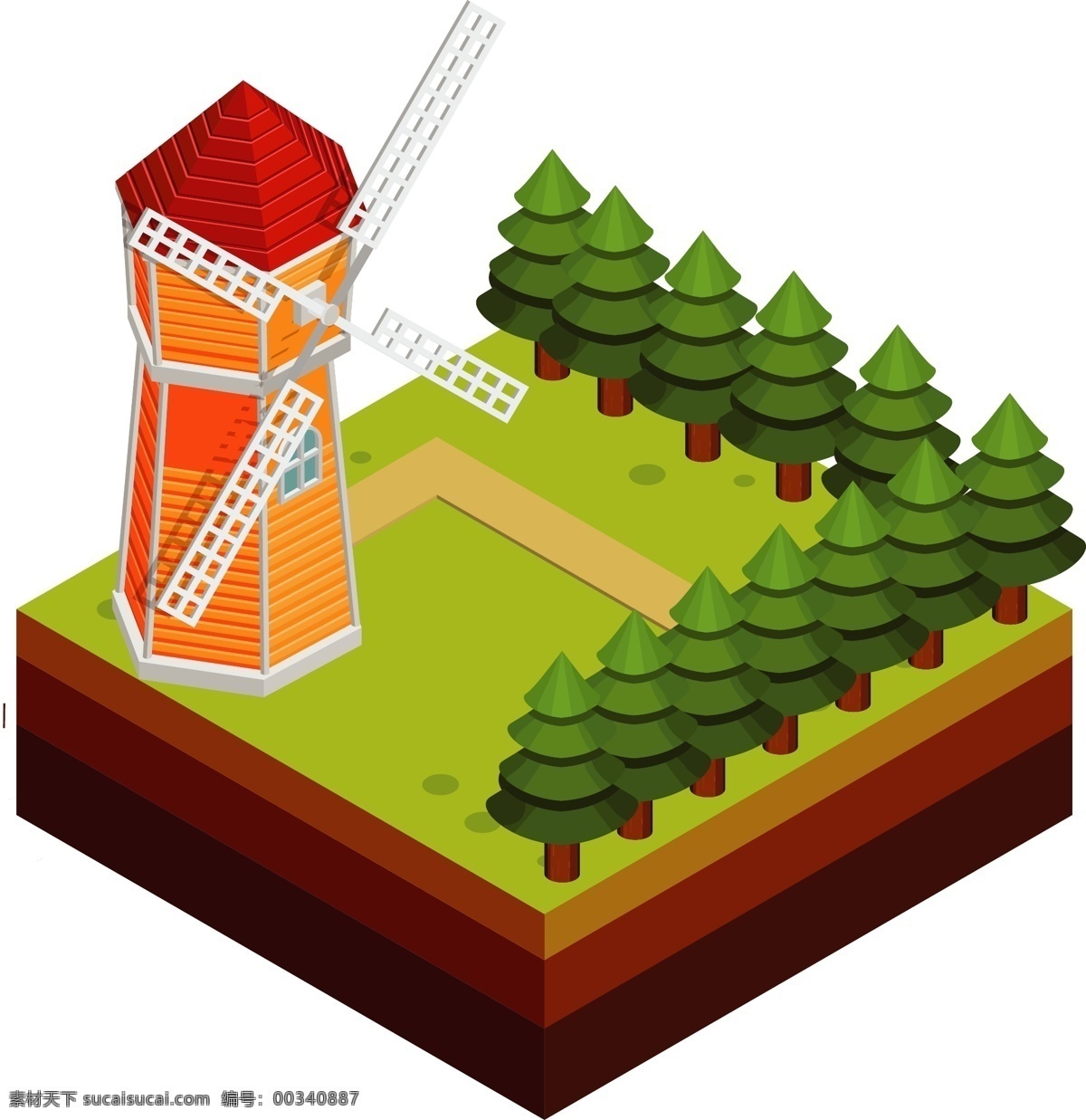 d 立体 森林 风车 2.5d 轴测图 建筑 山村 插画设计 可爱 小清新
