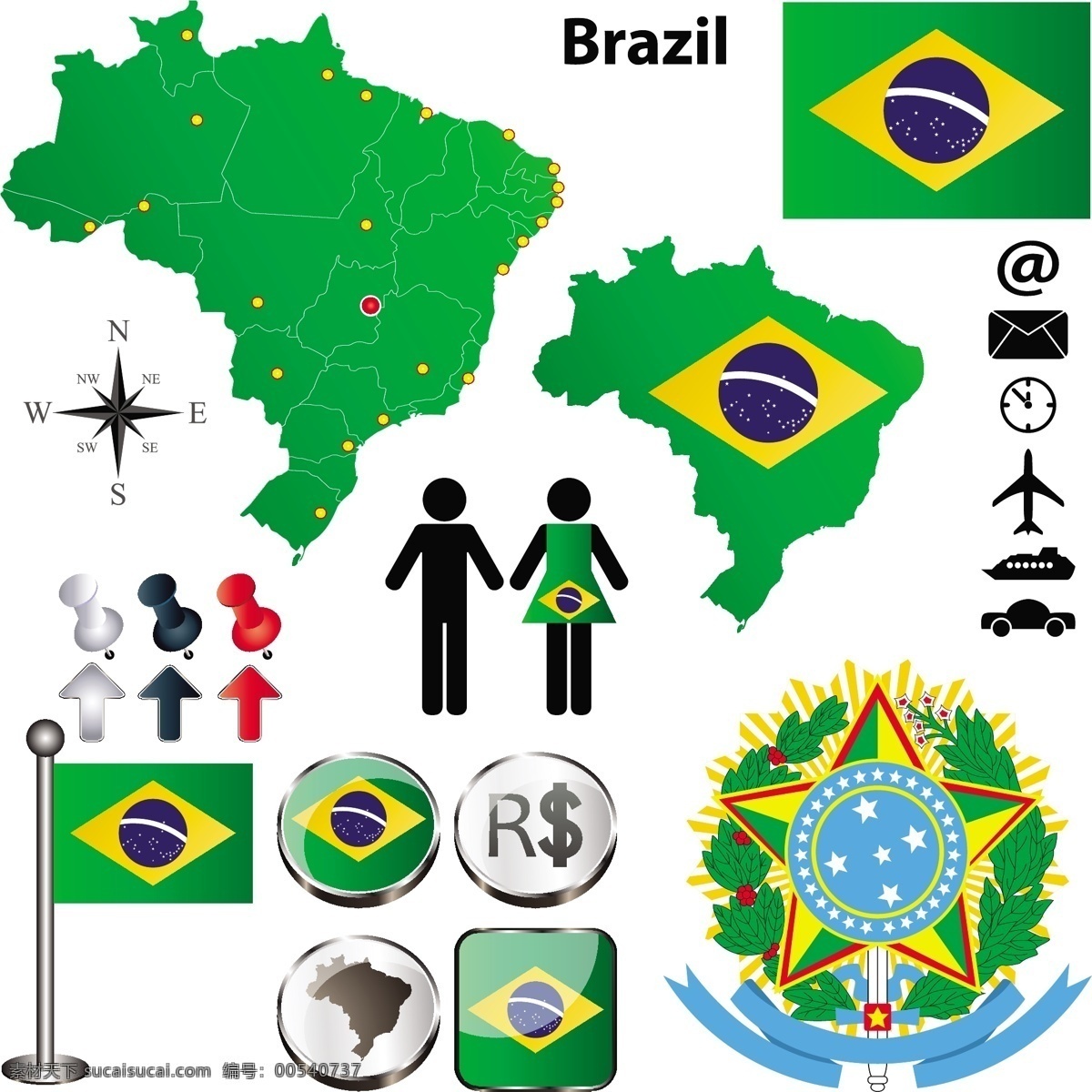 不同 国家 国旗 地图 符号 矢量图 标志 旗 旗帜 矢量地图 巴西地图 其他矢量图