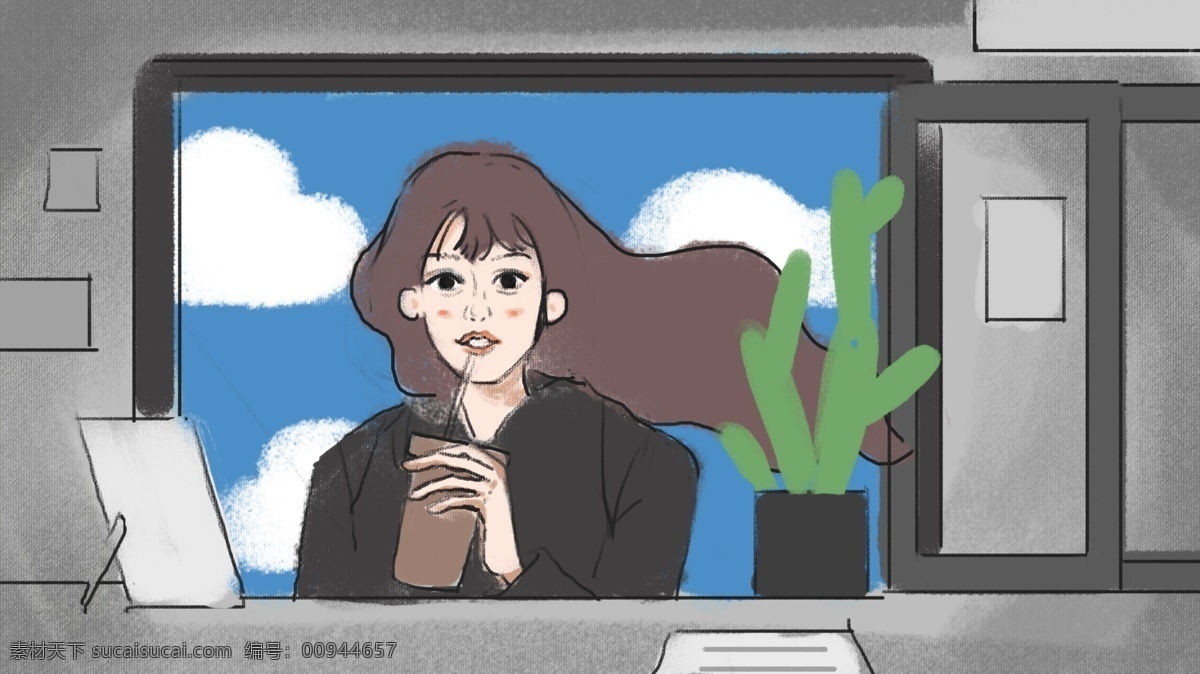 点 单 奶茶店 小窗 口外 少女 奶茶 白云 窗口 插画 仙人掌 手绘