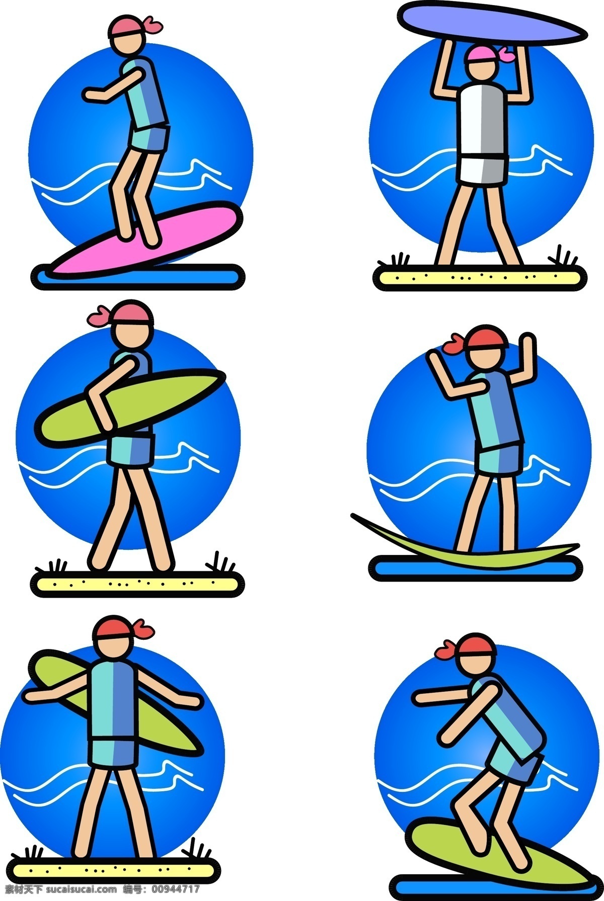 海边 冲浪 人物 元素 卡通 简约 红头巾