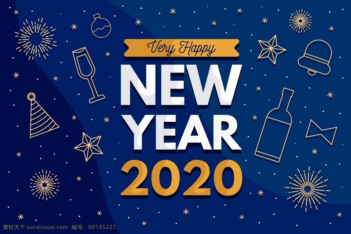 2020 年 金色 新年快乐贺卡 雪花 铃铛 星星 烟花 圣诞树 香槟酒 领结 2020年 新年快乐 贺卡 矢量图 ai格式 名片 卡片
