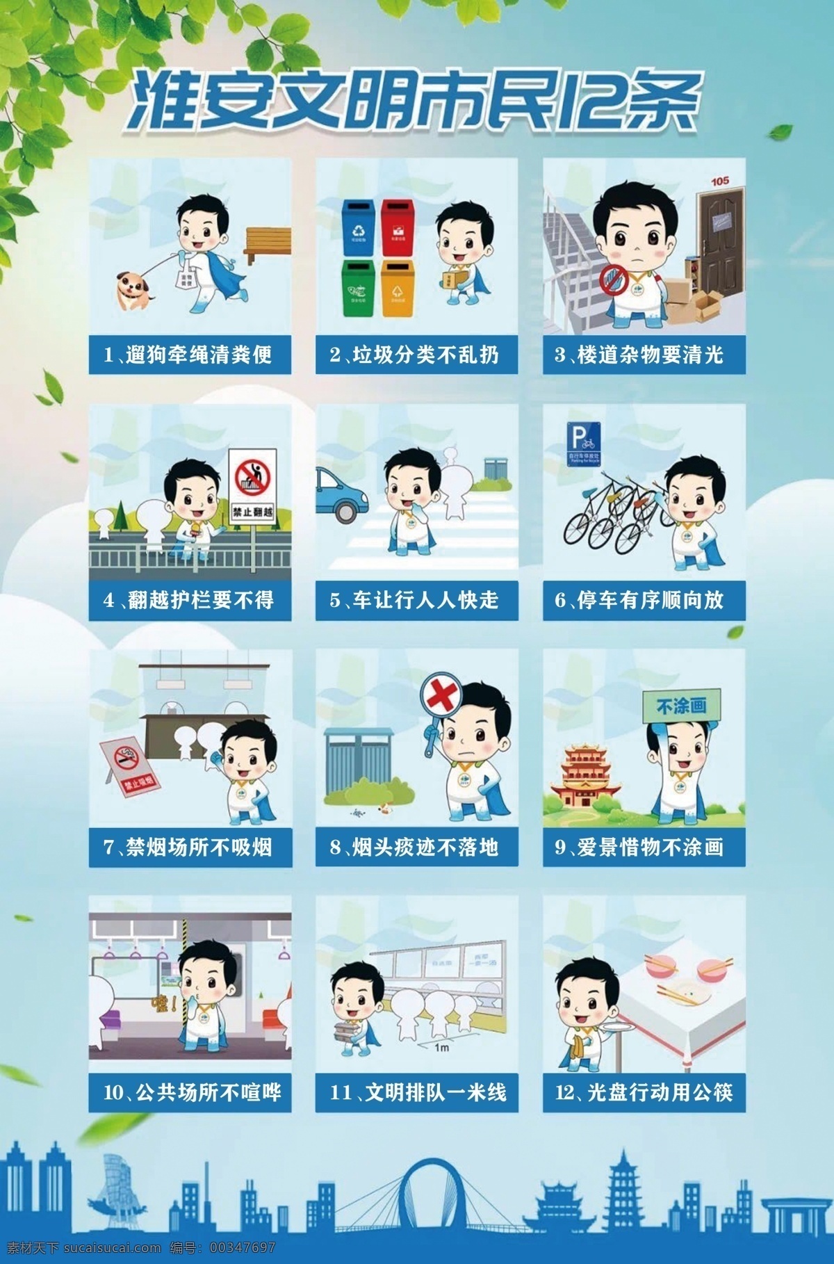 文明 市民 条 文明市民 文明城市背景 12段话 城市 淮安标志 绿叶 文明城市