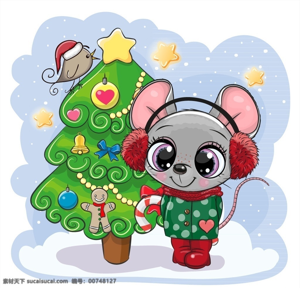 卡通圣诞树 和老鼠 矢量素材 鸟 星星 圣诞帽 雪花 冬季 卡通 圣诞节 礼物 礼盒 老鼠 圣诞树 拐棍糖 姜饼人 矢量图 ai格式
