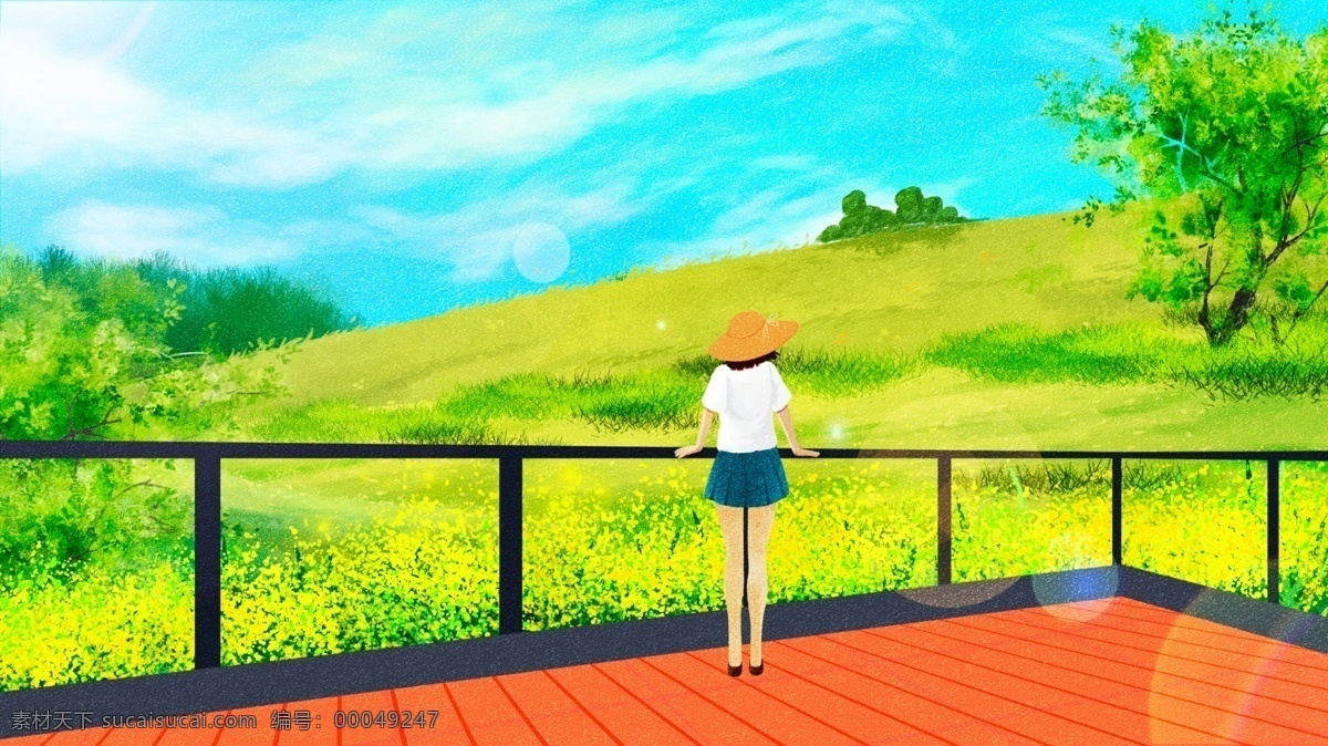 原创 唯美 清新 二十四节气 立夏 阳台 风景 插画 小清新 朋友圈插画 公众号配图 电商配图 天空 草地