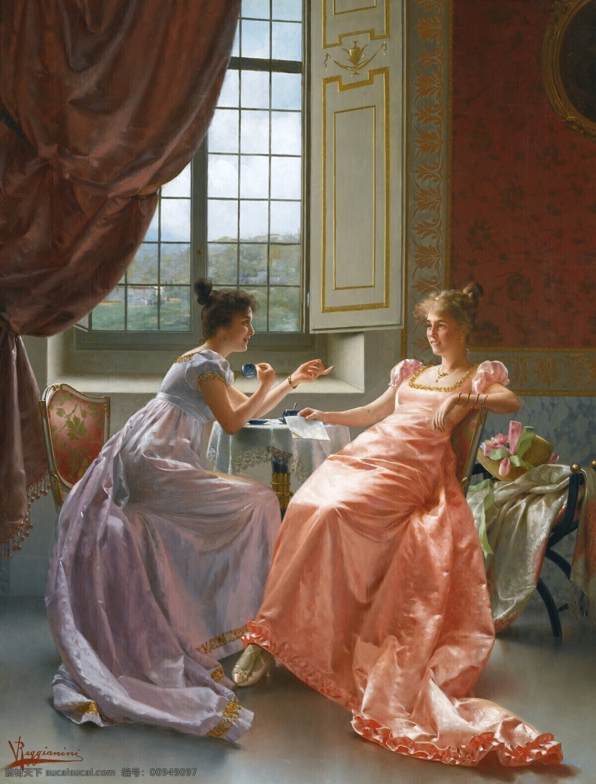 人物油画 闺密 贵族之家 女孩 人物 窗户 19世纪油画 油画 绘画书法 文化艺术