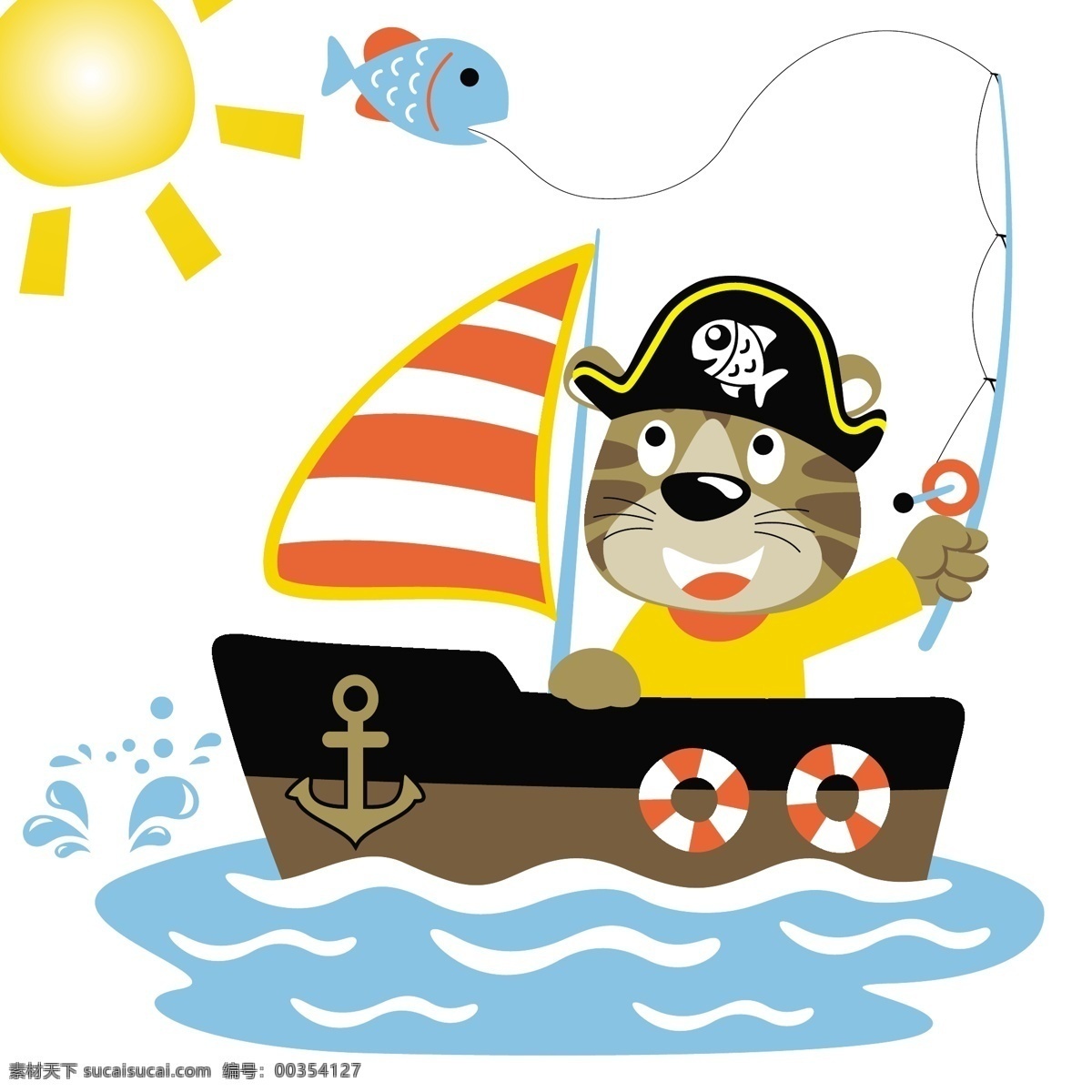 海贼 王小 猫咪 钓鱼 可爱 卡通 图 小猫咪 小动物 儿童绘画 海贼王
