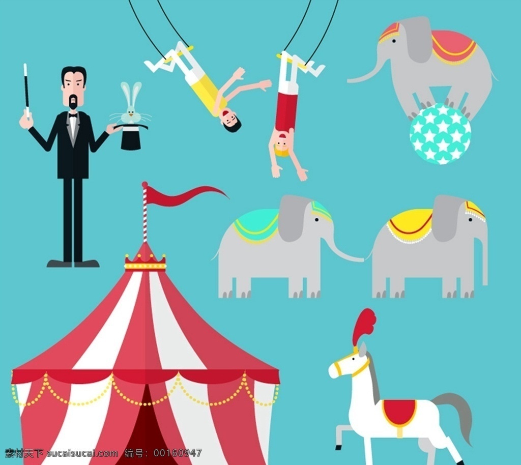马戏团 元素 大象 魔术师 兔子 举重 马戏表演 小丑 矢量 高清图片