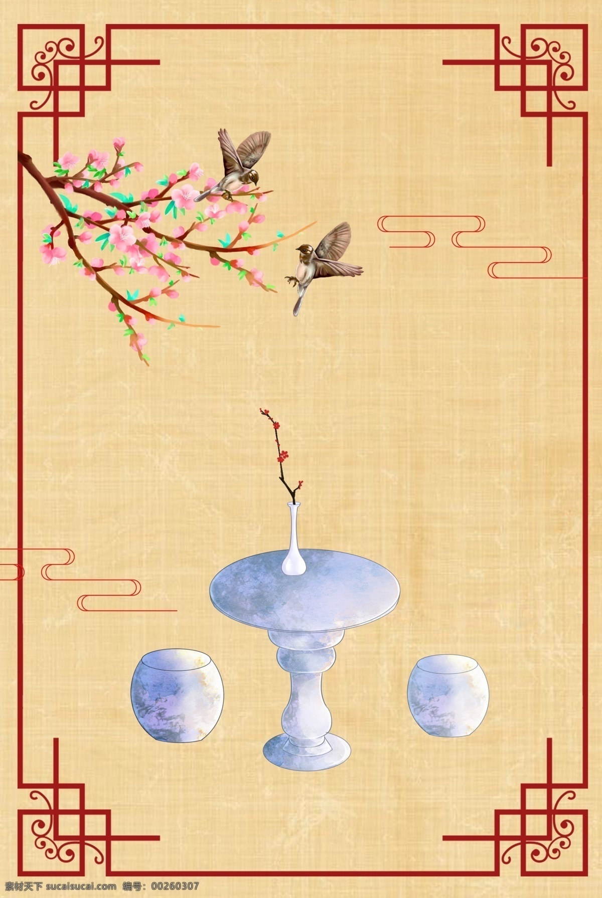 古典 中国 风 工笔画 石 桌 石凳 花鸟 背景 图 中国风 石桌 psd分层 边框 背景图