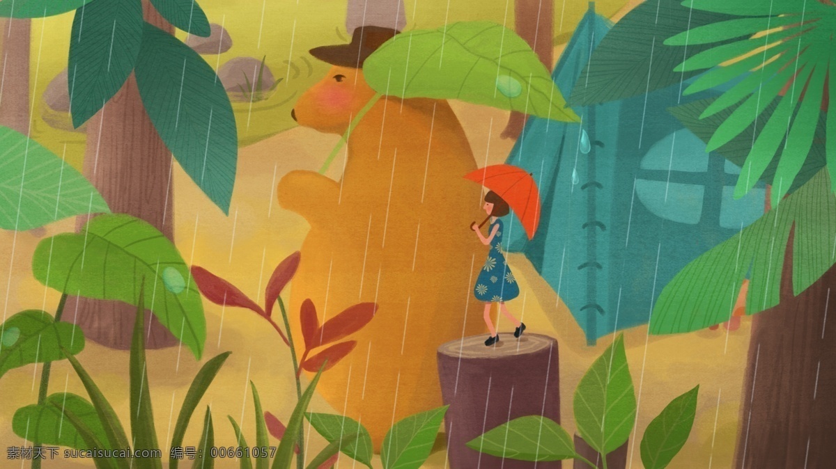 原创 插画 雨天 树林 小 熊 女孩 小熊 帐篷 旅行 童话背景 原创插画 下雨天 雨天树林 童话故事 野外旅行 童话壁纸