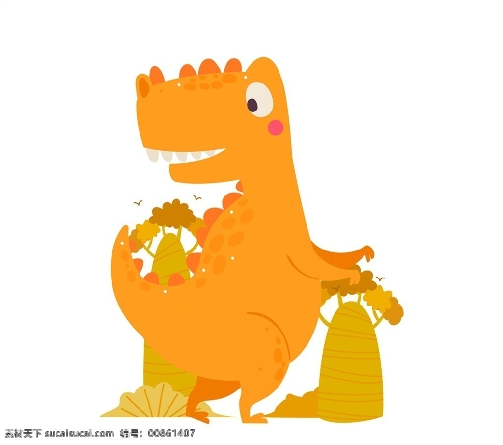 卡通 橙色 霸王龙 恐龙 树木 矢量 高清图片
