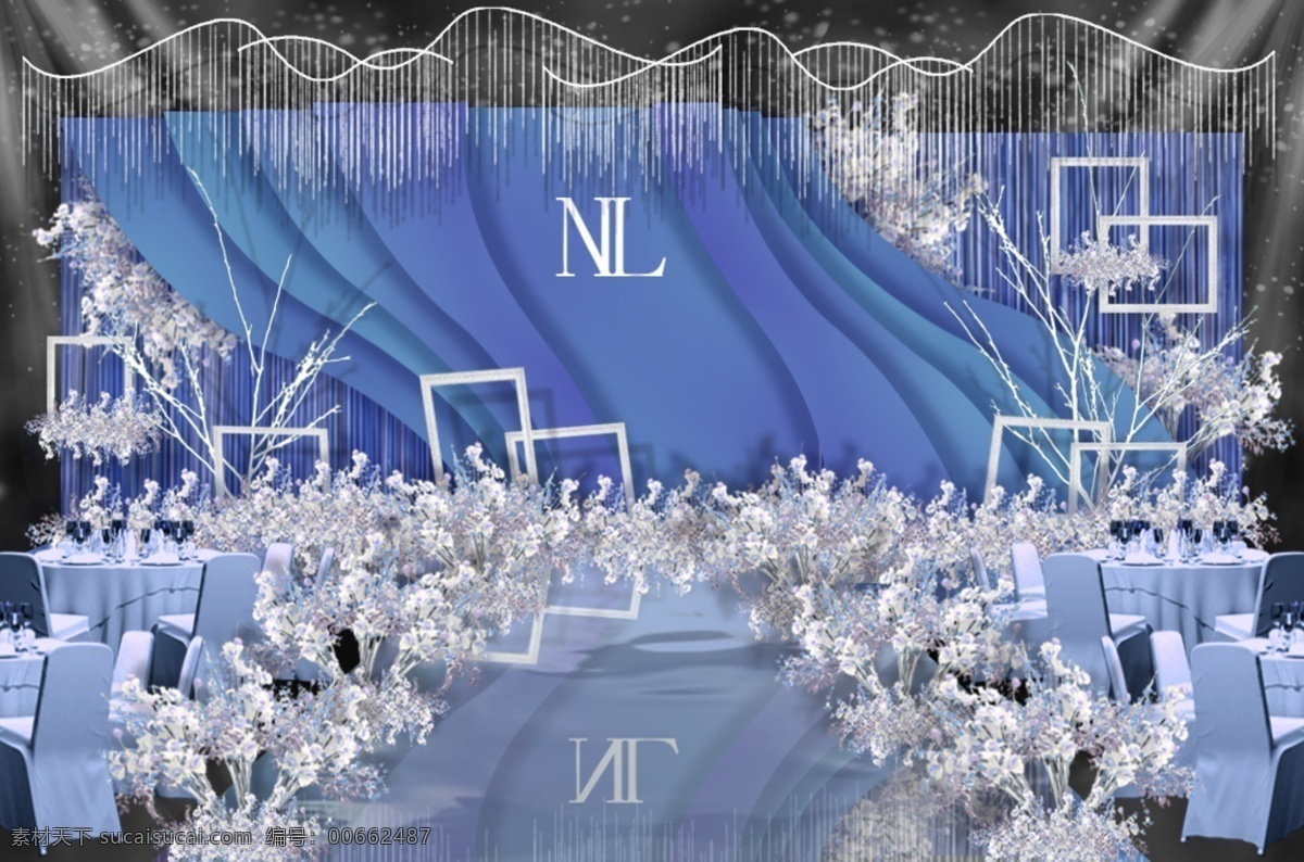 蓝白色 婚礼 舞台 区 效果图 蓝白色婚礼 婚礼舞台 吊顶 线帘 弧形 层次 树枝 相框 镜面t台