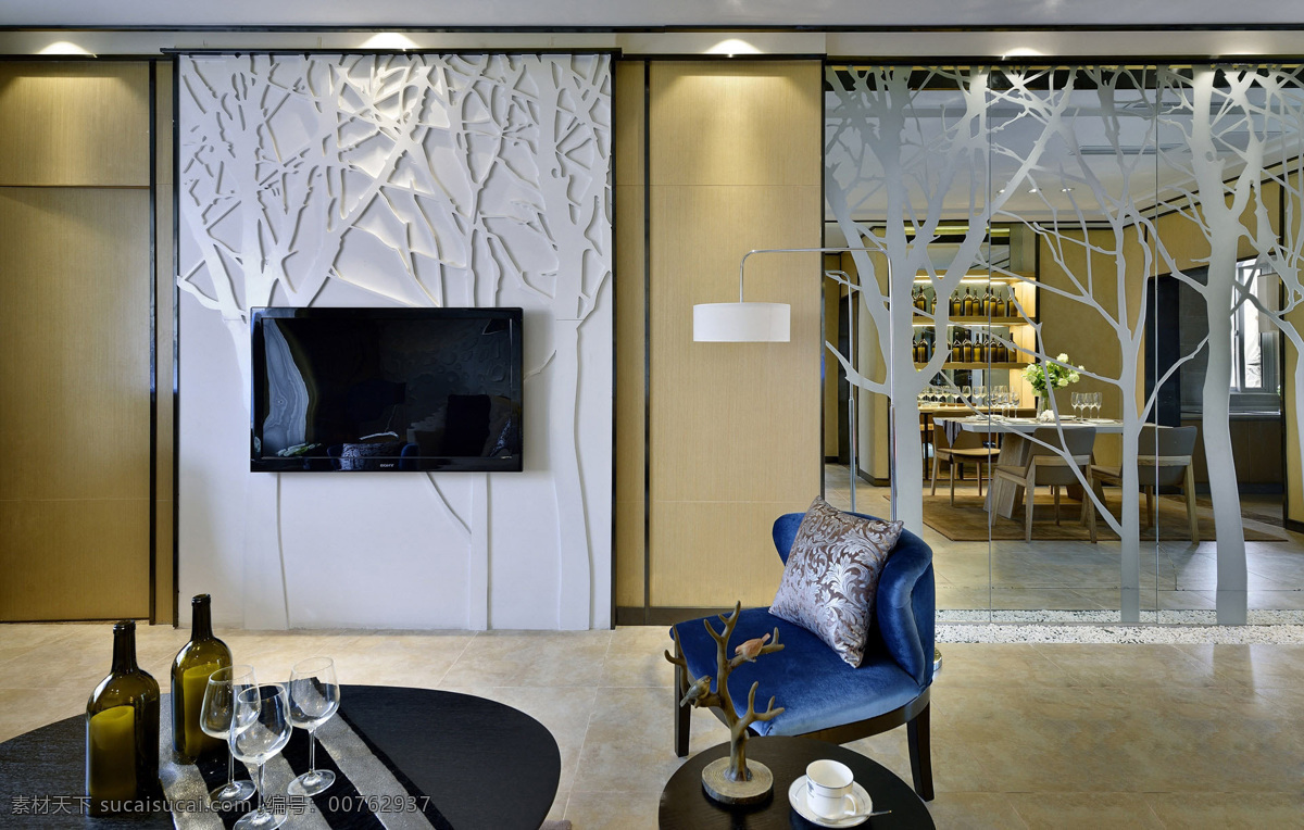 现代 客厅 电视机 背景 墙 效果图 茶几 单人沙发 简约风 装修 镂空隔断树叶 现代风