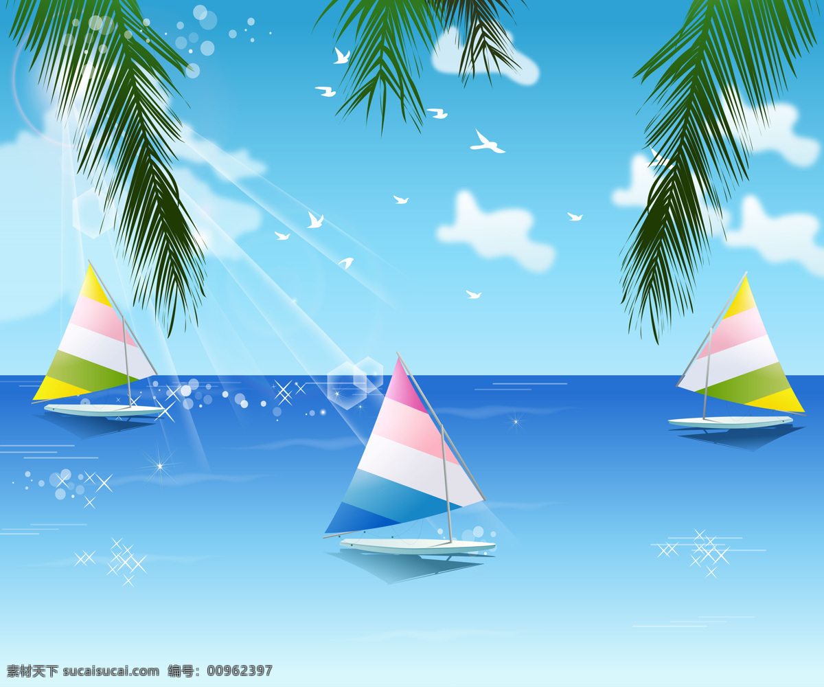 海上风景 白云 大海 底纹边框 儿童 帆船 海鸥 卡通 蓝天 上风景 阳光 椰树 星光 装饰图案 移门 设计素材 移门图案 装饰素材