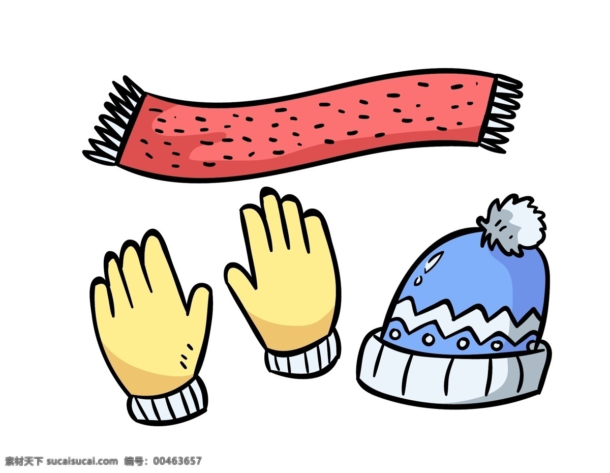 卡通 帽子 围巾 元素 保暖 温暖 红色围巾 矢量元素 手绘 蓝色帽子 黄色手套 ai元素