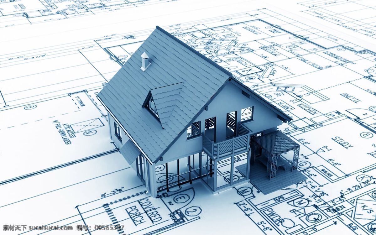 三维 建筑 cad 蓝色 创意 房屋 图纸 烟囱 背景图片