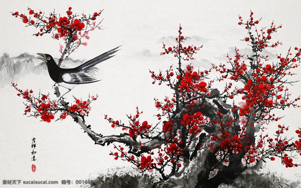 水墨 梅花山 水 电视 背景 墙 背景墙 墙纸 壁画 无框画 国画 手绘 中国风 新中式 古典 典雅 复古 梅花 红梅 禅意 咏梅 山水 风景 树 新 中式 分层