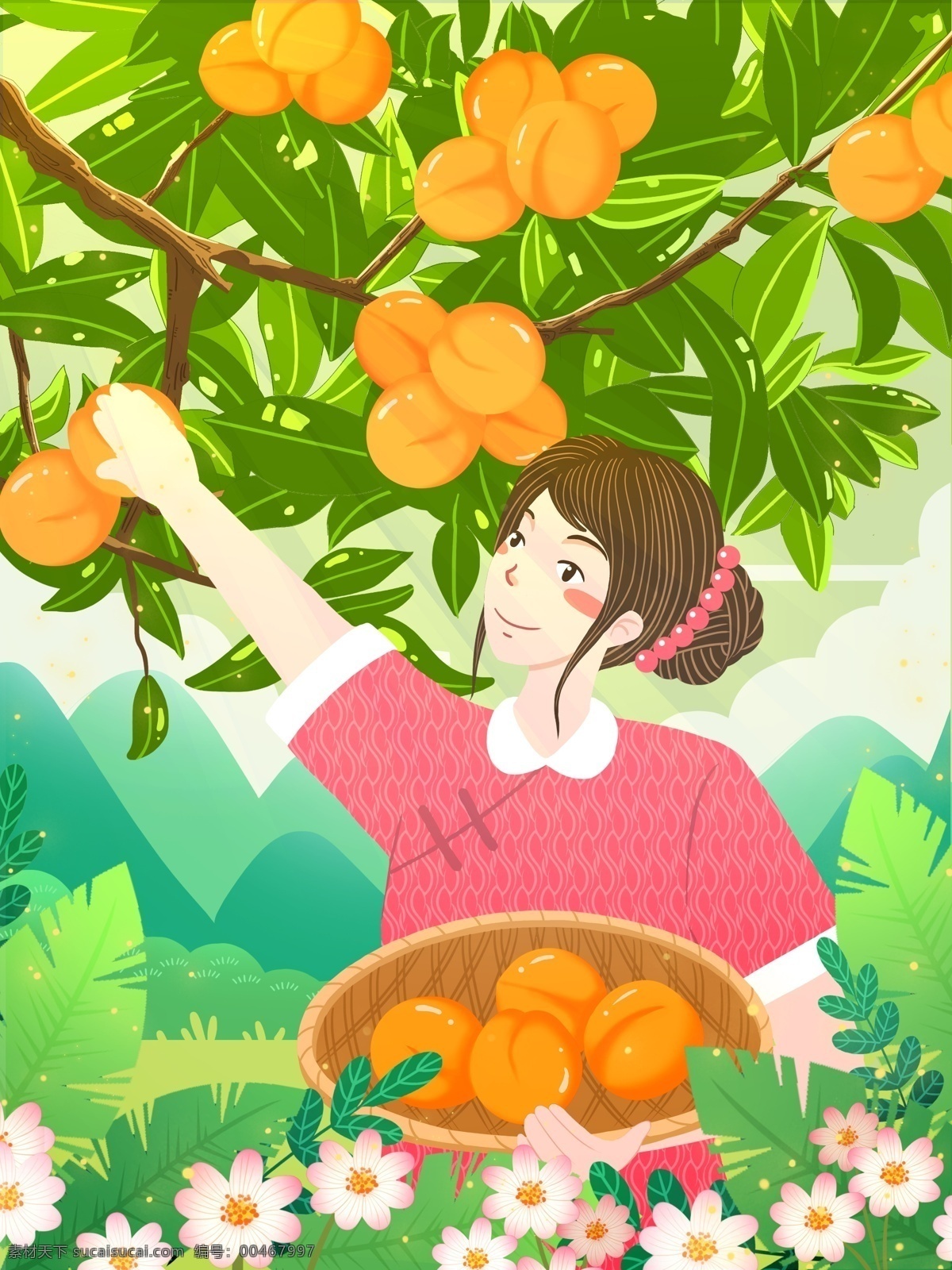 二十四节气 小满 时节 杏 黄 女孩 摘 杏子 小满时节 植物 阳光 山 云 花 草地 竹篓 摘水果 叶子 可爱 小清新 扁平 插画 壁纸 包装 配图 手机图