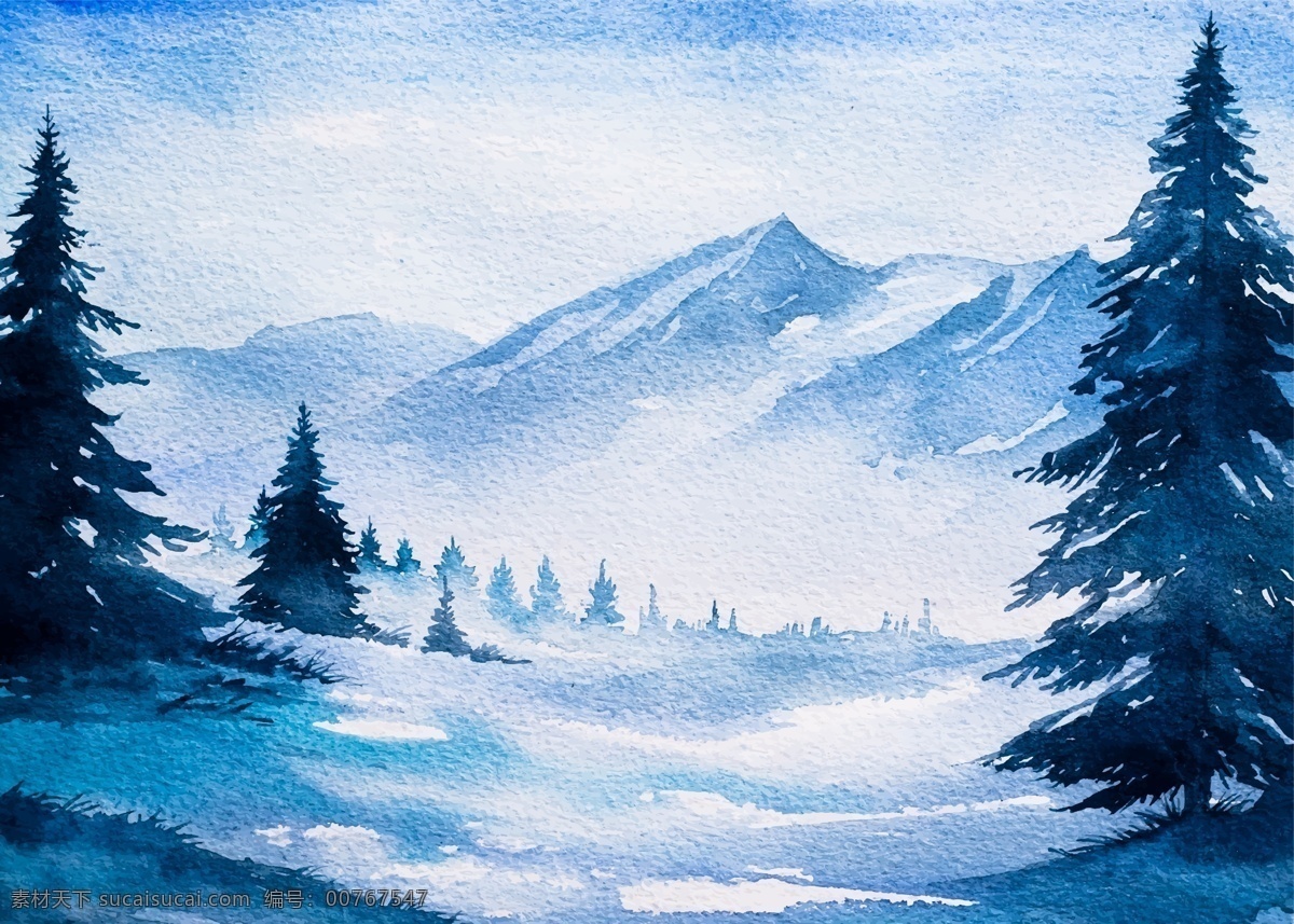 风景 童话 水彩画 冬季 森林 河边 矢量 雪山 水墨 远山 蓝色 卡通 山脉 插画