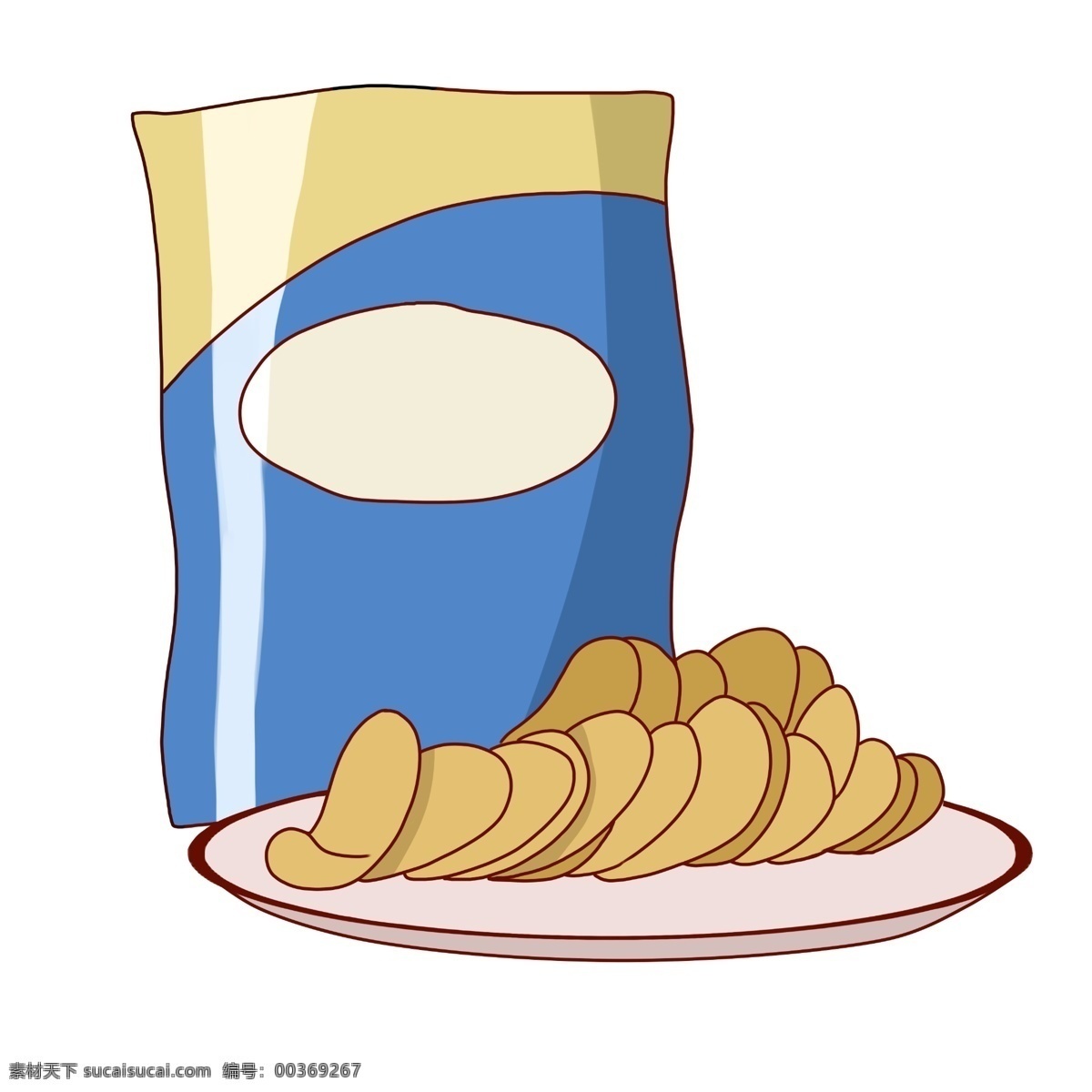 精致 的卡 通 薯片 插画 美味的薯片 蓝色的包装 白色的盘子 薯片插画 小吃 美味的小吃 小吃插画 食物