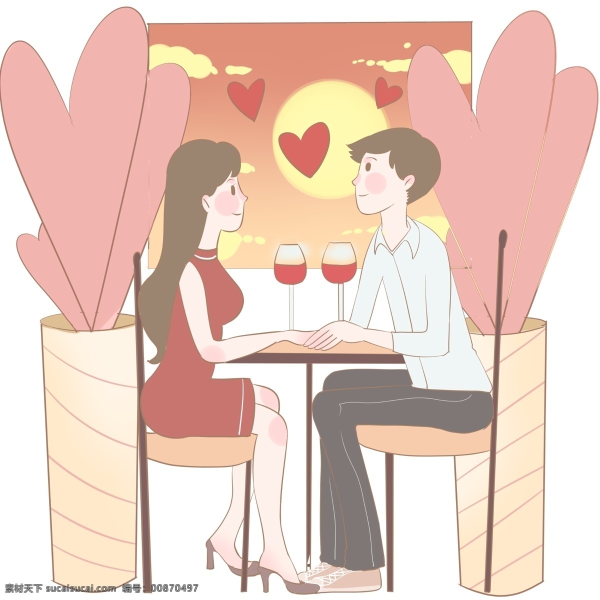 黄昏 餐厅 红酒 配 爱情 情人节 夕阳西下 牵手 高脚杯 氛围到位 黄昏求爱 幸福 粉色装饰 红色包臀裙子 白色衬衫