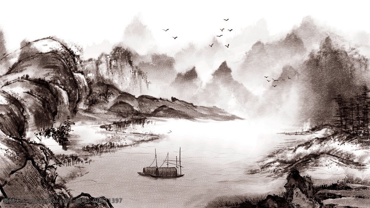 复古 唯美 中国 水墨画 风景画 水墨 插画 壁纸 中国水墨 手机配图 海报 电商用途