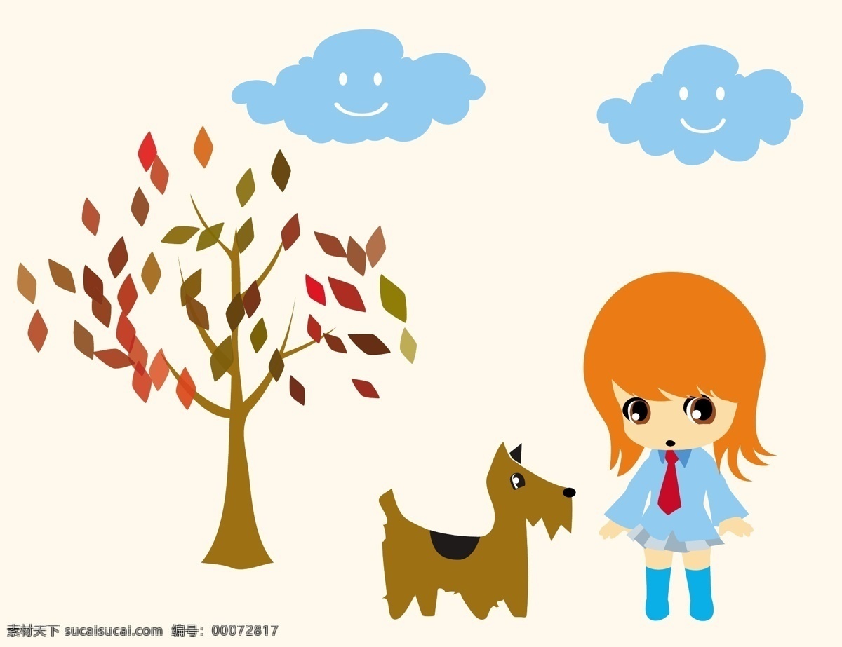 可爱 小女孩 狗 卡通 矢量 孩子 树木 云朵