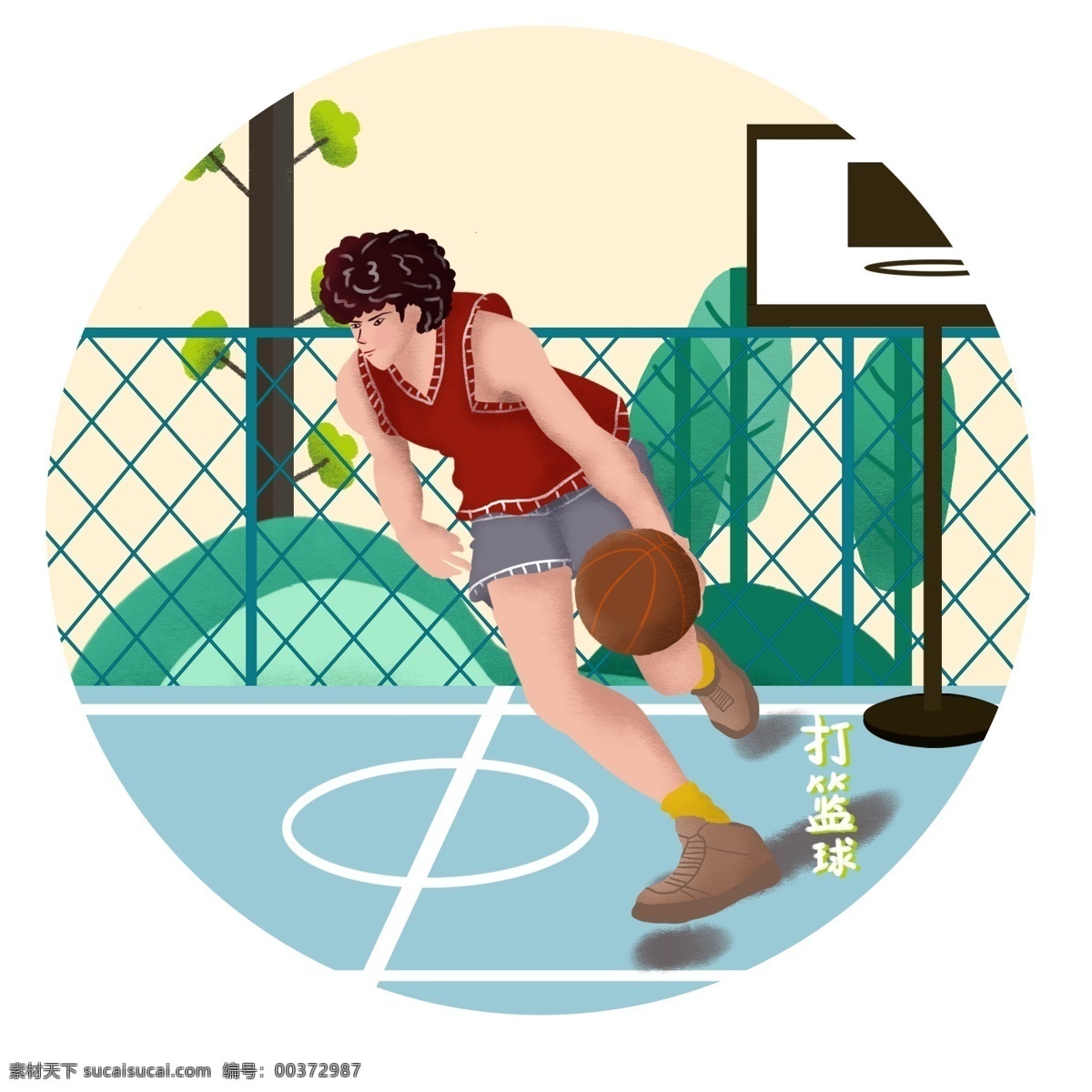 手绘 风 体育 日 操场 篮球 男孩 手绘风 体育日 人物 植物 数木 篮球架 元素 可商用