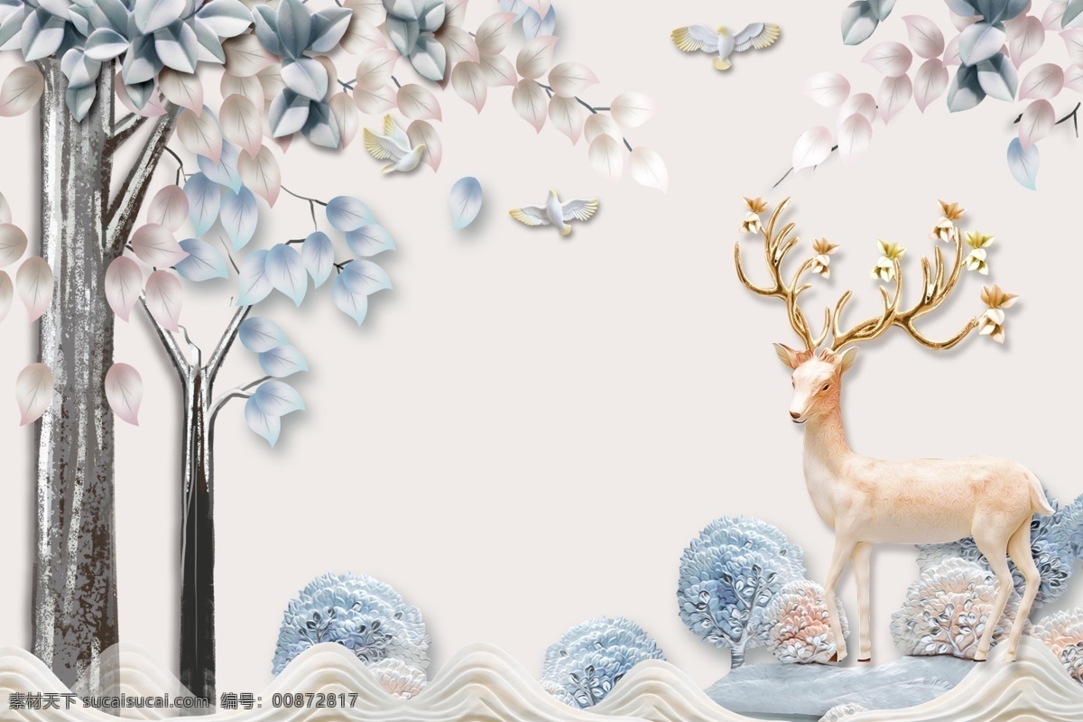 现代 简约 北欧 麋鹿 背景 墙 浮雕背景 浮雕小鹿 浮雕大树 抽象树 树叶 北欧风 鸽子 新中式背景 共享 图案 分层