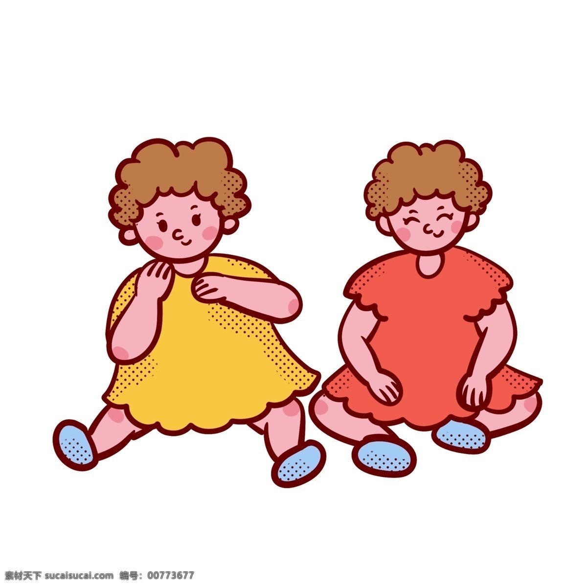 卡通 矢量 免 抠 可爱 坐 两个 双胞胎 婴儿 免抠 小孩子 儿童 童年 快乐 开心 玩耍 宝宝 黄色 红色 上衣 坐着