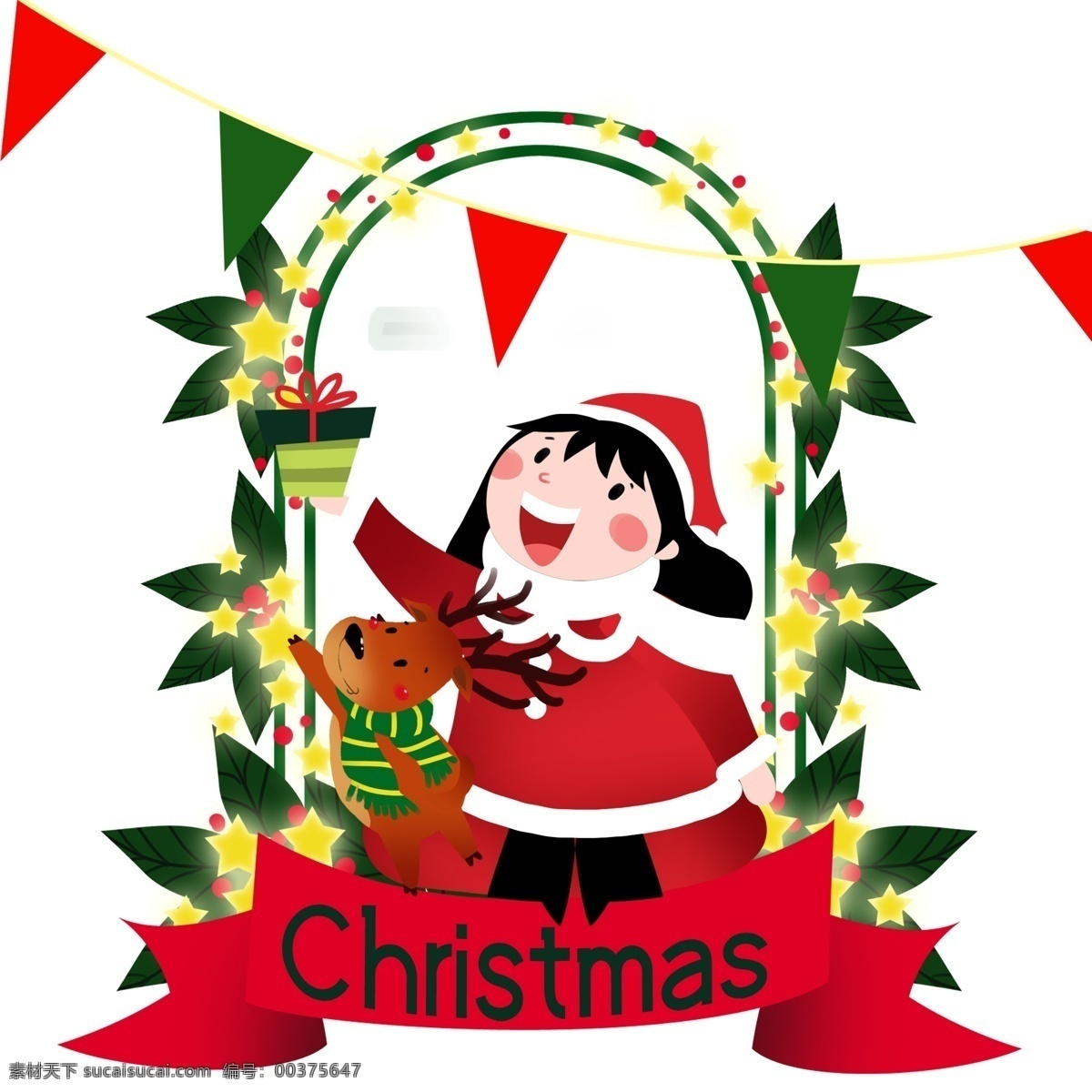 手绘 圣诞节 快乐 插画 卡通插画 绿色叶子 圣诞帽子 红色挂件 快乐的女孩 麋鹿角