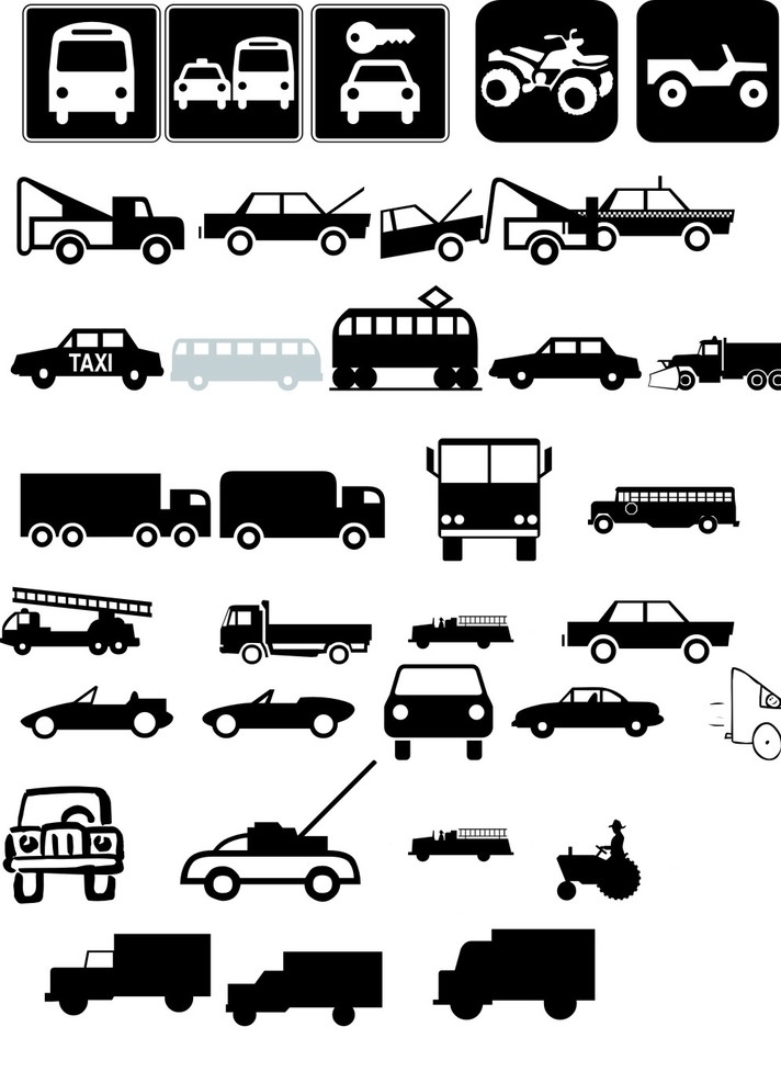 黑白车辆图标 交通工具图标 汽车图标 黑白图标 剪影图标 公车 出租车 沙滩摩托车 吉普车 卡通设计