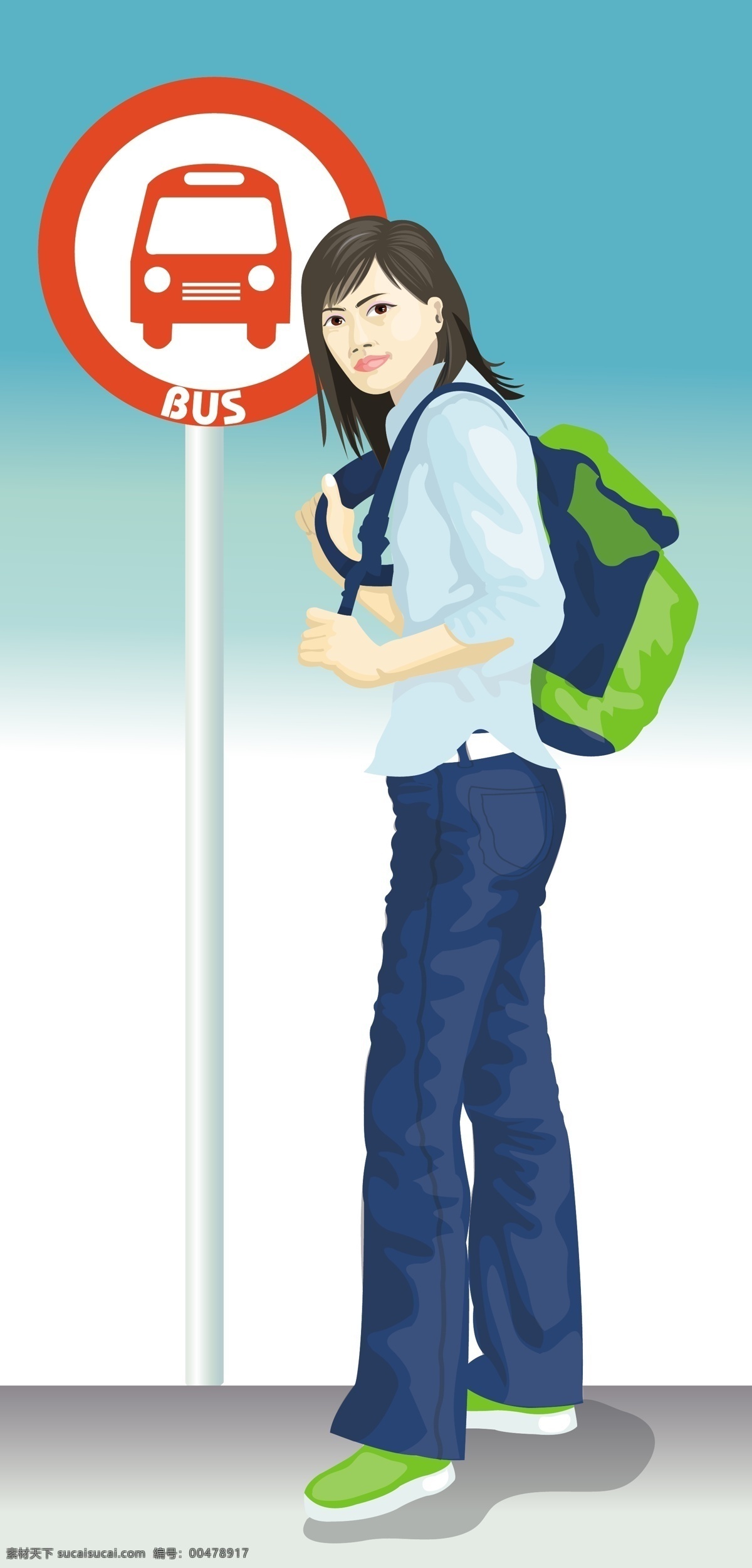车站 女孩 背包 女性 站牌 车站女孩 战点 矢量图 矢量人物