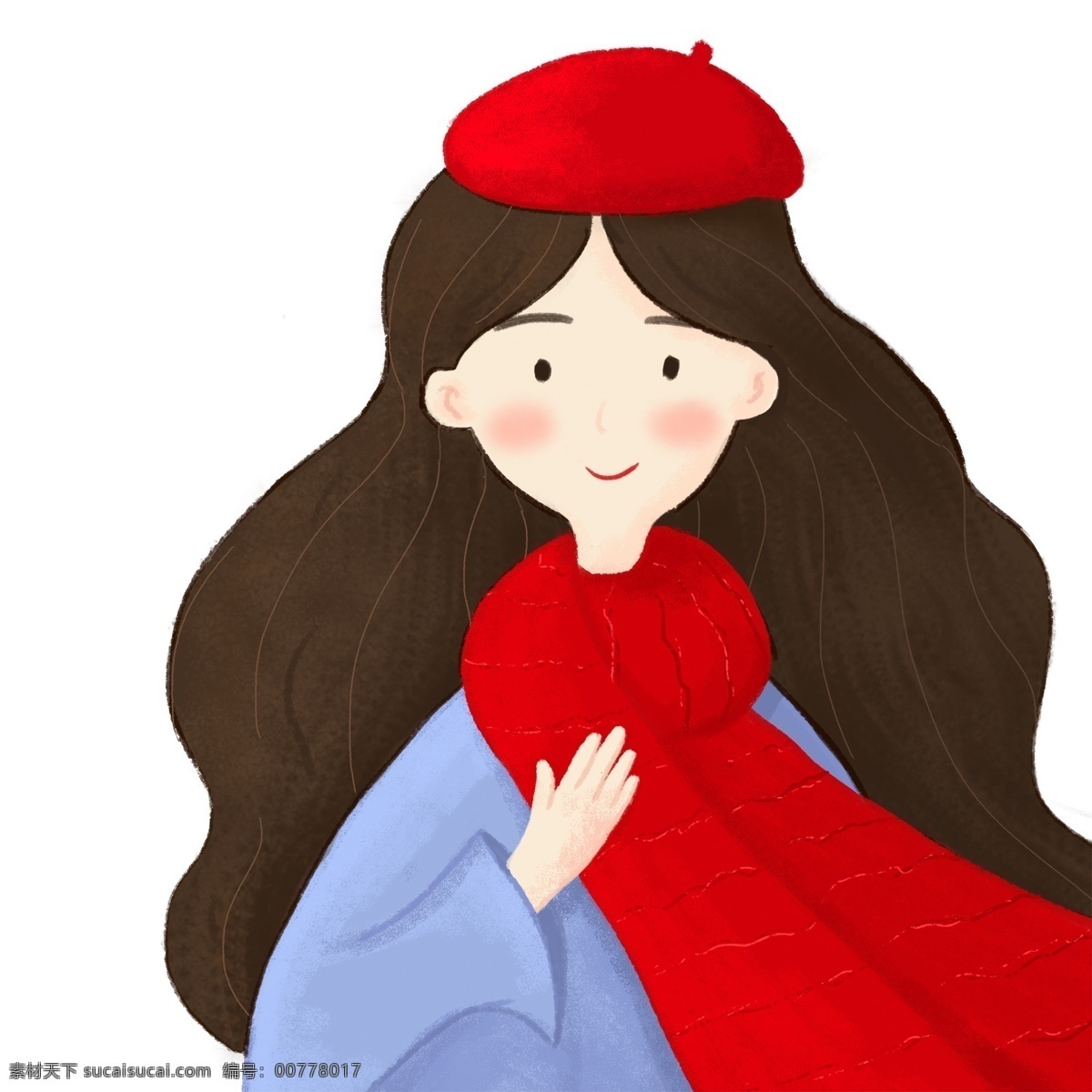 手绘 扁平 女孩 带 红 围巾 原创 元素 帽子 红色 可爱 长发 原创元素 设计元素