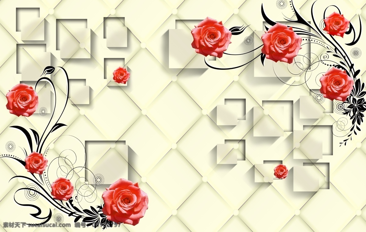 3d 立体 方块 玫瑰花 藤 软 包 背景 墙 软包 背景墙 玫瑰 蔷薇 花藤 现代简约 客厅背景墙 壁画 分层