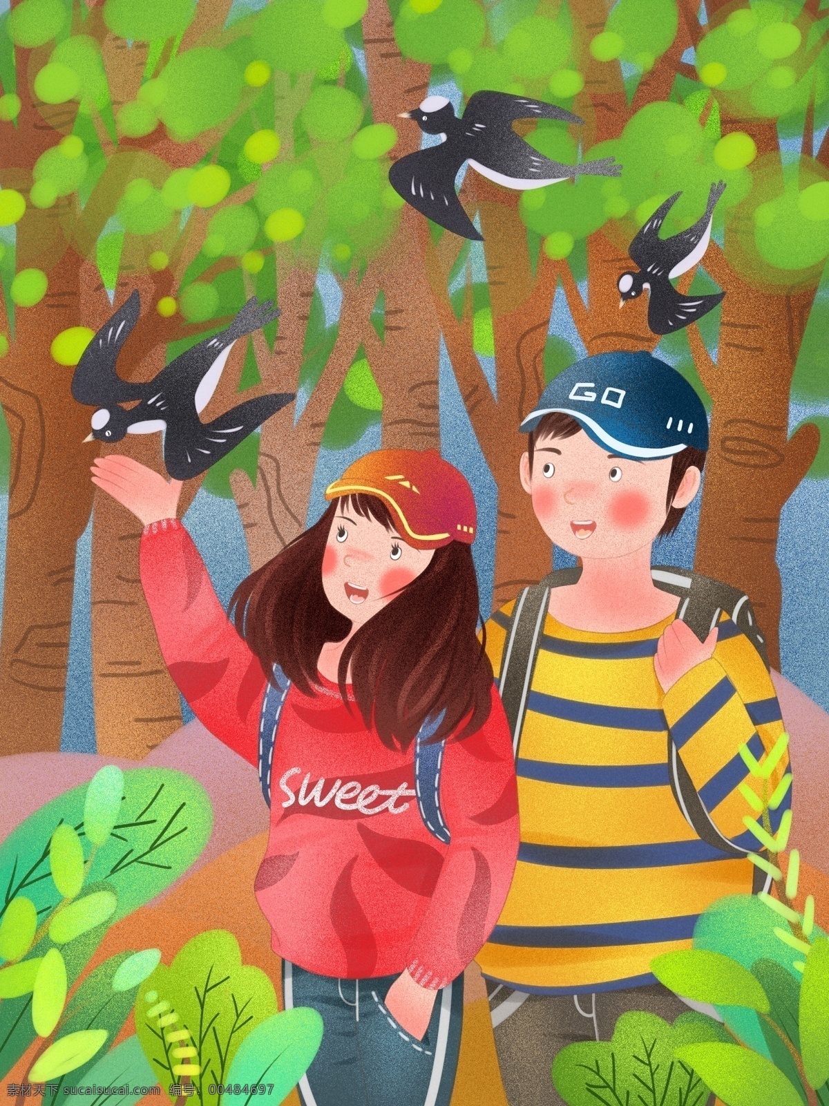 春天 你好 燕子 归来 情侣 一起 爬山 绿色 清新 插画 户外 植物 春天你好 绿 噪点 树